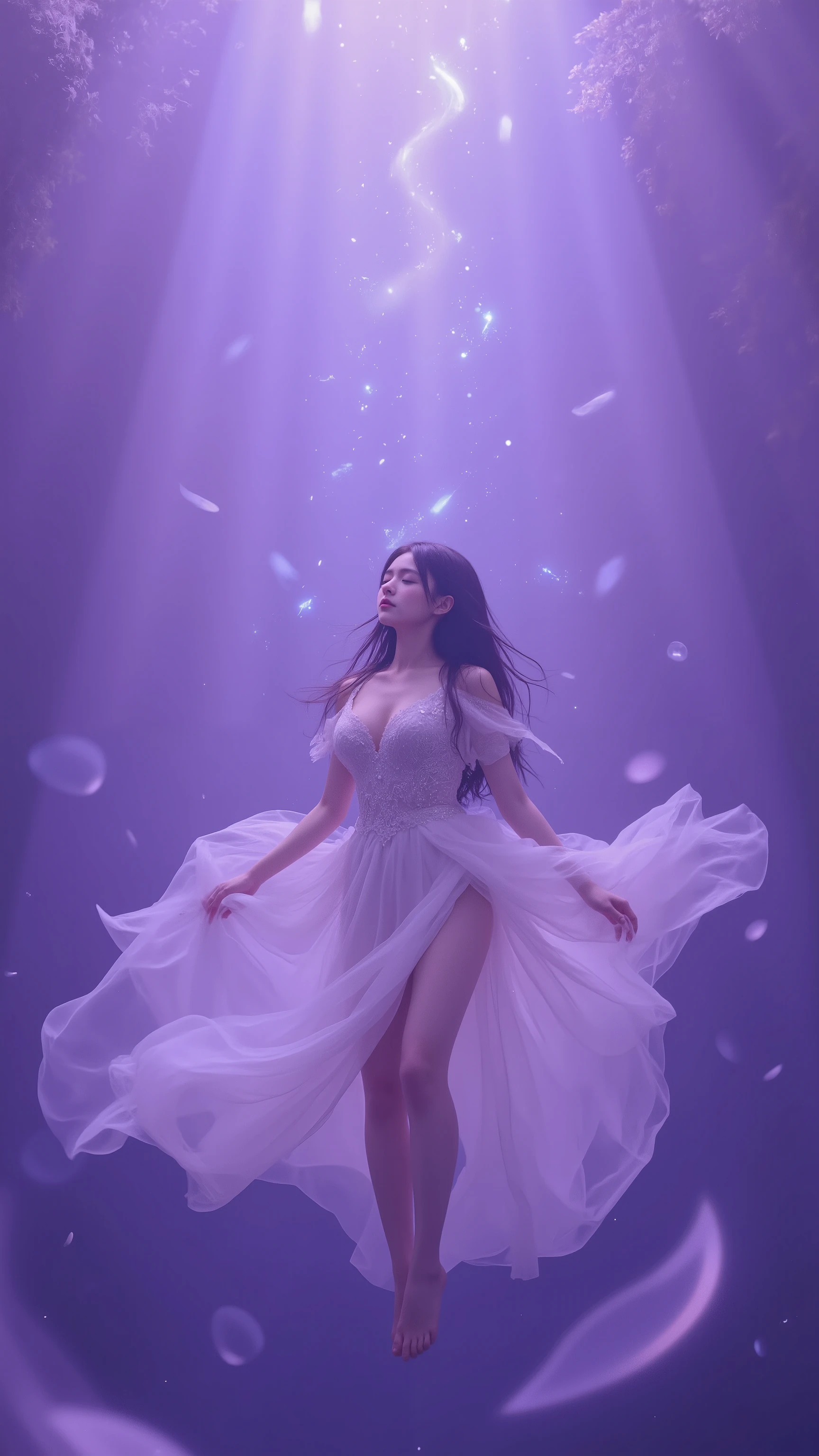 The moment you wake up to your sixth sense, Mysterious Girl, closed eyes, floating grains of light, Long Swaying Hair, fantastic space, Purplish Light, mystical atmosphere