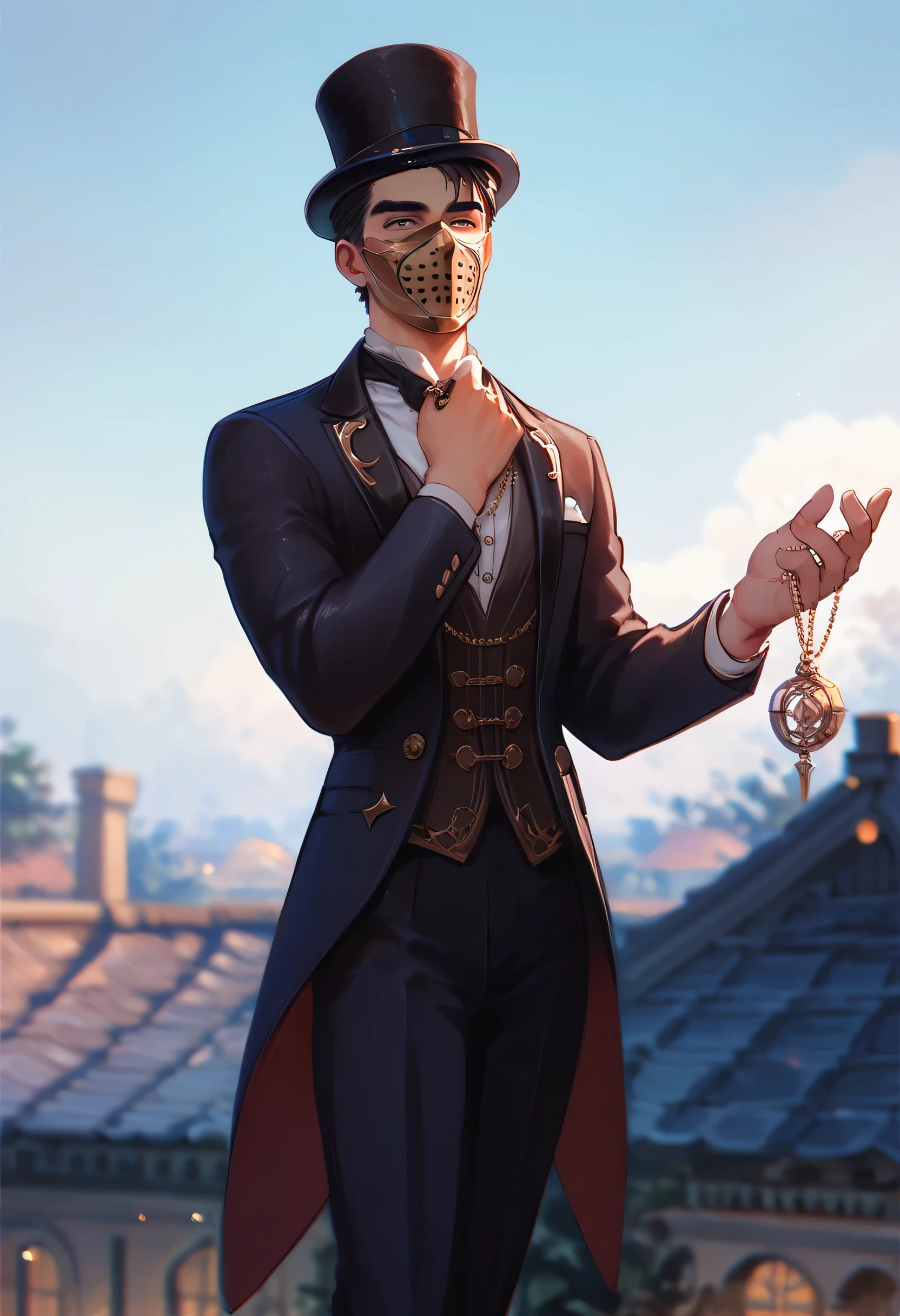 Handsome, full suit,top hat, holding a necklace in one hand, fancy, well dressed, black hair, gold mask, nighttime, rooftop, midnight. Dark, starfilled sky