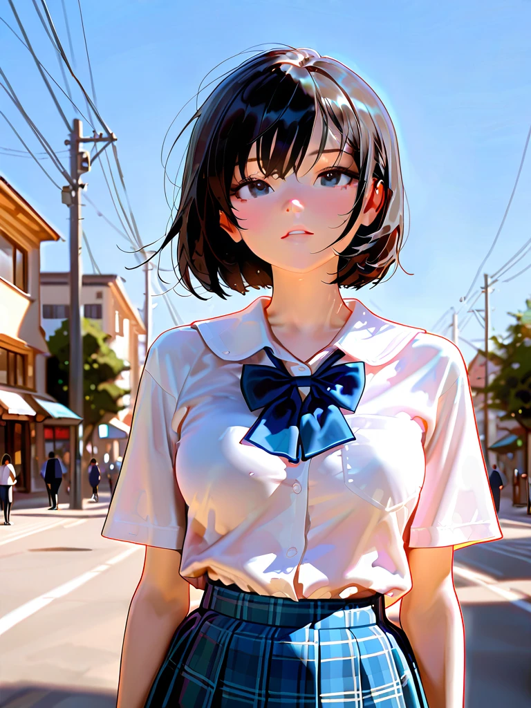 The wind is blowing，(child)，（masterpiece，Top quality)，Turquoise pleated  with blue-green plaid pattern，short sleeve，black hair，Summer Classroom，night，night景