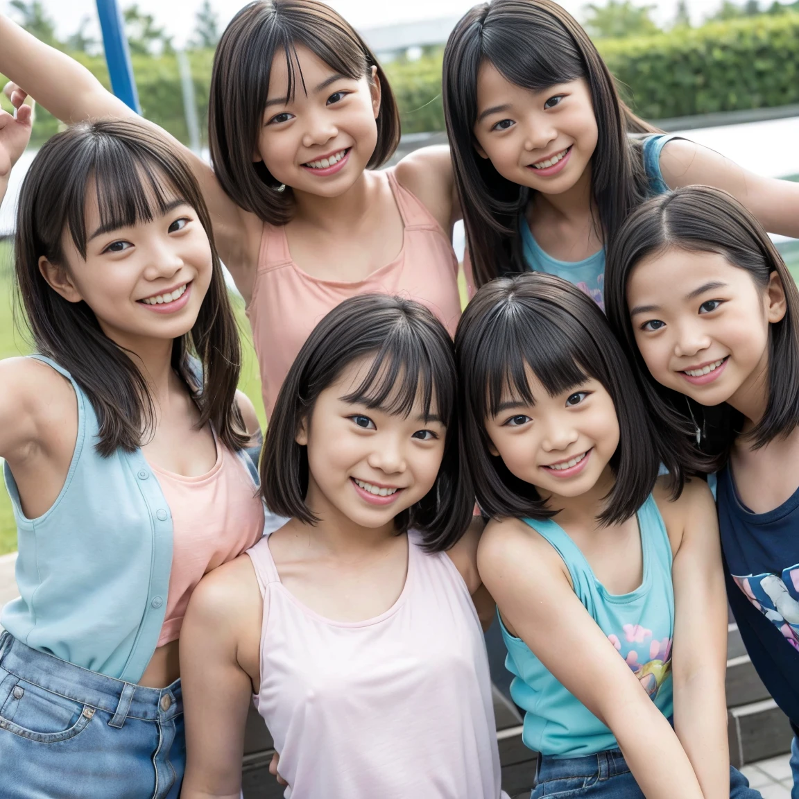 Japanese s、(  There 5 cute elementary school students  ) ,((Group of 5)),Cute Girl Model,((harem )),  5 elementary school students are very young  ,  all girls are underdeveloped  ,  ((  no makeup at the coal mine   )) ,  High image quality, masterpiece, Accurate,  ((   pastel tank top t-shirt  )), ( Pastel Westcross   ),    red cheeks                  , Best Quality, smile,  Realistically Staring           , (   There                :1.4),(  Medically accurate   ),,((   There           :1.4)),((      Classmates     )),   {{x}}    staring at the camera   ,smile,(( There are lots of female classmates )),  At school playground
