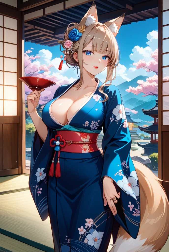 masterpiece, best quality, amazing quality, intricate detail, highly detailed, absurdres,, 1girl, mature,  blue eyes, blonde hair, long hair, hair ornament, black kimono, floral print, off shoulder,  shoulders, wide sleeves, long sleeves, sash, earrings, lipstick, jewelry, , collarbone, cleavage, loving smile, uneven eyes, ?, drunk, holding sake bottle, indoors, east asian architecture, dynamic angle, <lora:SmoothStyle_Omega:1>