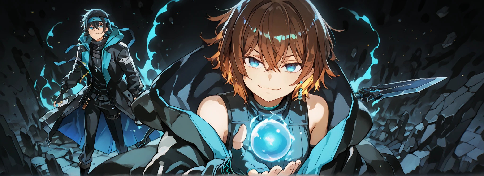 A short, solitary male character, a young teenager, about 5'7" tall, with a style and aura similar to Amiya from Arknights, but unmistakably masculine.

His facial features are exactly like Vanitas from Vanitas no Carte, but without his trademark smile or expression. Instead, the boy has striking blue eyes and wears a playful and smug expression that is his own, not Vanitas’s.

His hair is short and slightly brown, although his hairstyle is similar to Alice Zuberg’s in Sword Art Online, it has short, medium-length bangs. He also wears a blue headband, identical to Alice Zuberg’s. Short, brown hair with medium-length bangs.

Attire:

A black, sleeveless, high-necked military tracksuit with black military pants and black military boots.

A black, fingerless tech glove with blue rings on all fingers, exactly like Amiya’s accessories in Arknights.

Most importantly, he wears a black coat with blue accents, identical in every detail to Amiya’s coat in Arknights—the same fabric, cut, blue accents, length, hood design, zippers, and proportions. The coat is properly fitted, fitting his shoulders and torso—without falling or slipping.

Pose and Atmosphere:

He stands in a bold and confident attacking stance, looking directly at the viewer with a playful and smug expression.

In his right hand, he firmly grips a gigantic black greatsword, a massive weapon made of black stone, with visible cracks glowing faintly with energy.

In his left hand, he holds a blue energy ball with glowing red spots, radiating power.

Atmosphere and Style:

Black background with dramatic, cinematic lighting that highlights his short stature, masculine gender, and youthful energy.

Hyper-detailed, crisp, and clean anime style, with vivid lighting effects and a dynamic atmosphere. The character wears the same earring as Vanitas from Vanitas no Carte. The character is a boy. The character is a boy. The character is a boy. The character is a boy. The character is a boy. The character is a boy.