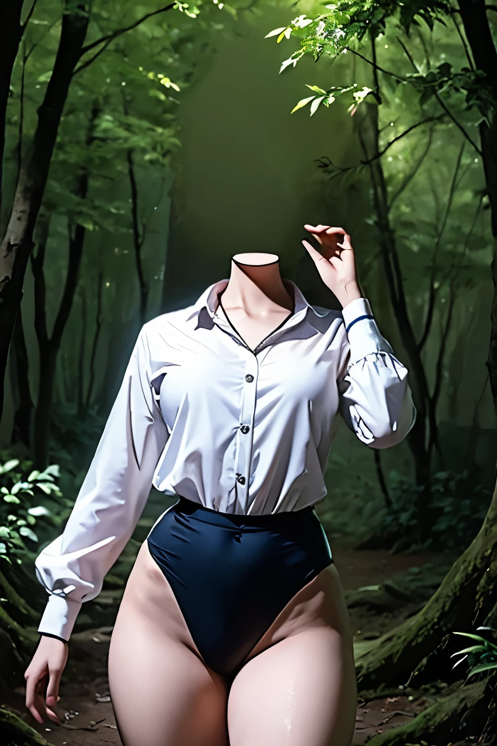 (masterpiece, highest quality), 1 girl, beautiful face, beautiful body, wearing a Black gymnastics bloomers, High leg、white blouse, cowboy shot、Are standing、full body portrait、alone, complex details, enlarged textures, complex details, finely detailed eyes and detailed face, intricate details, (closed mouth), perfect eyes, equal eyes, perfect body, extremely detailed, (), extremely realistic 3d,In a dark forest、