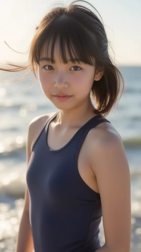 (masterpiece, highest quality:1.4), Award-winning portraits, 8k, 85mm, alone, Beautiful Face, Delicate girl,  (On the grass), Sophisticated, cute, 15 years old, RAW Photos, Confused, High resolution, Sharp focus, Background blur、(((Flat  、thin and delicate body、Childish atmosphere)))、shiny semi-long hair、ponytail、Small mole on the left cheek、 Dark brown eyes、Hair swaying in the wind、sexy、Flexible legs、Simple gym clothes without text、Run、Jump