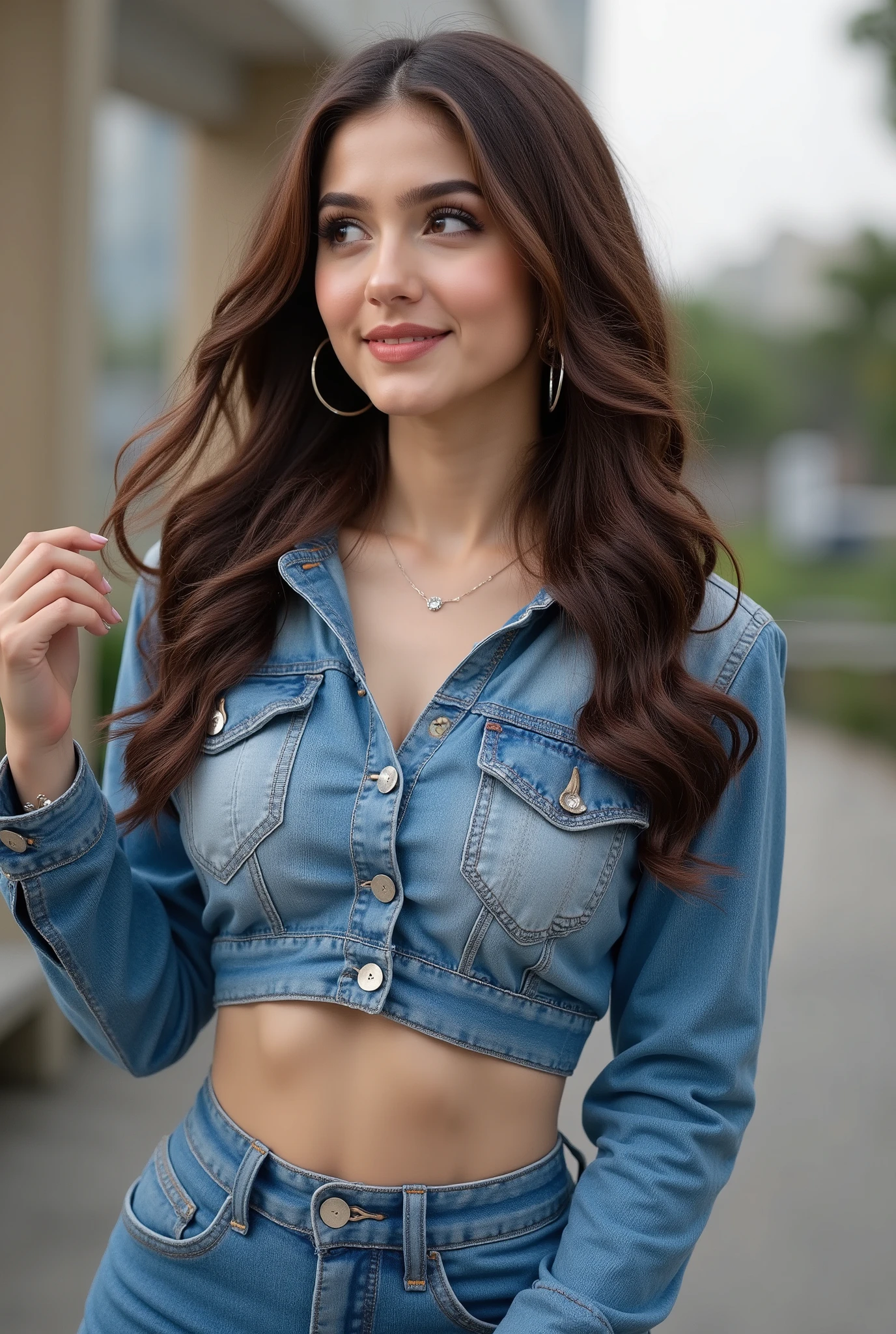 anaswarasdxl, ashk, Full body image of a 20 year old girl with smiling look, fair skin tone, light grey eyes, fox eyelashes, thin eyebrows, black eye liner, silver eyeshadow, natural blush, and red lipstick. Her hairs are long, brown, wavy and stylish. She is Wearing a denim cropped jacket, denim skirt, a pendant and earrings. She is looking aside while standing outdoors in a sexy pose. Photorealistic, ultra realistic, detailed skin, soft lighting, ultra-detailed textures, 8K resolution, masterpiece.