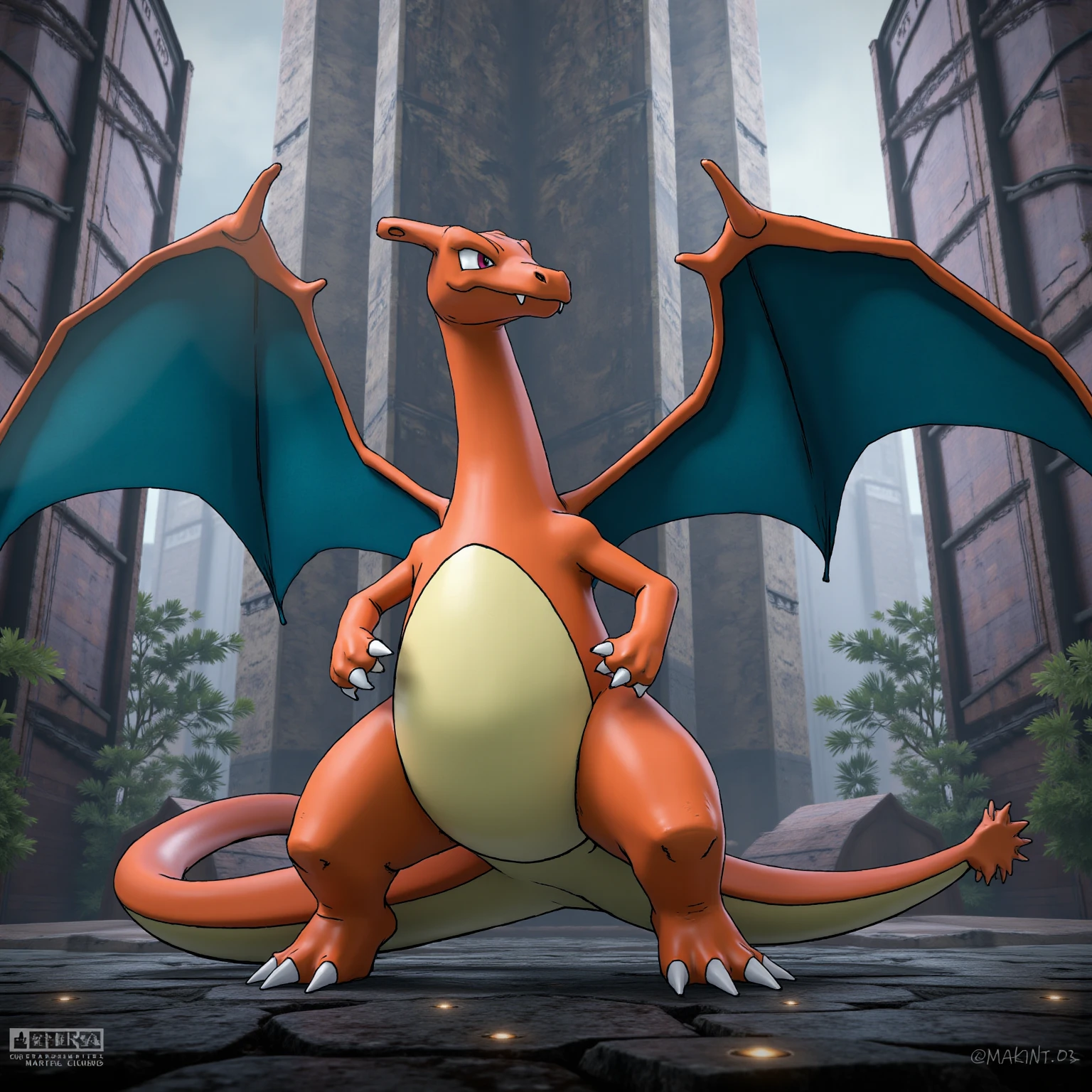 ((feral)),charizard, pokemon \(charizard\), looking at viewer, claws,male, anatomically correct, (anatomically correct ), (lizard ), animal ,, glistening ,  juice, night, fog, [best quality, shaded, extreme detail, highly detailed, ultradetailed, intricate, realistic], detailed background,,cave background,smug look,large ,teasing viewer, ,wings, 