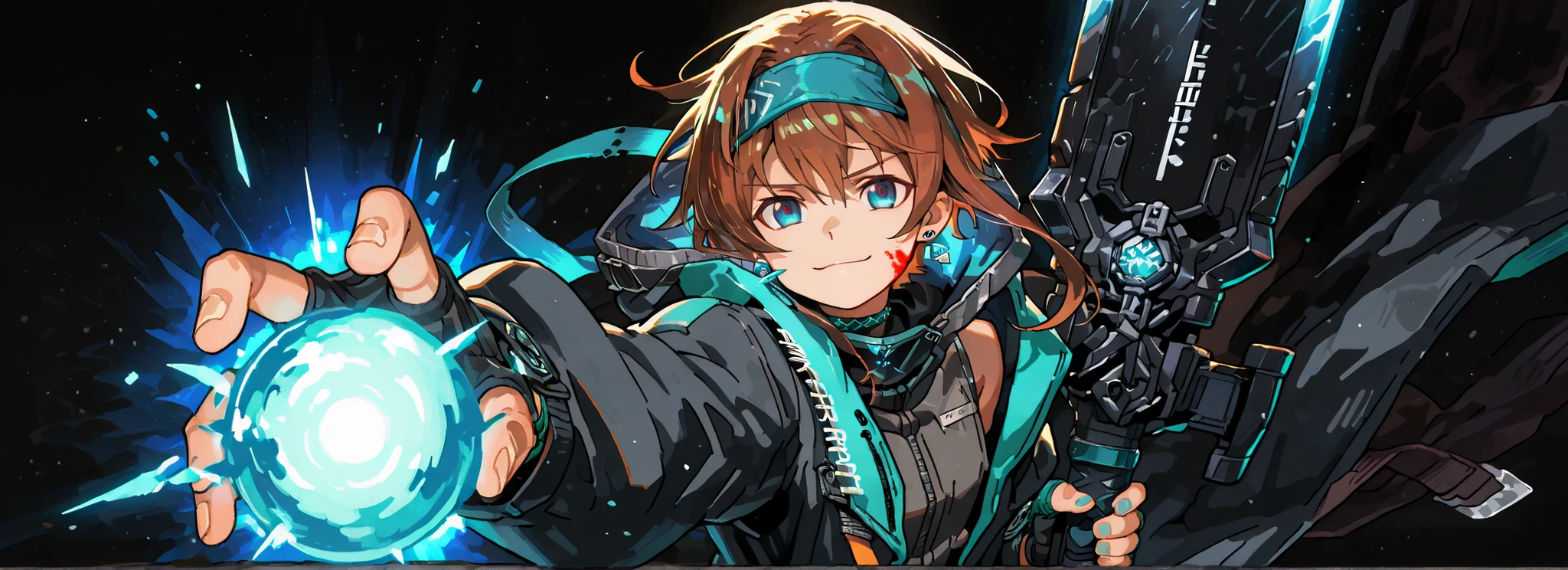 A short, solitary male character, a young teenager, about 5'7" tall, with a style and aura similar to Amiya from Arknights, but unmistakably masculine.
His face is exactly like that of Lloyd de Saloum from Tensei Shitara Dai Nana Ōji, with striking blue eyes and a provocative, confident smile.
His hair is short and slightly brown, although his hairstyle is similar to Alice Zuberg's in Sword Art Online, it has short, medium-length bangs. He also wears a blue headband, identical to Alice Zuberg's. Short, brown hair with medium-length bangs.
Attire:
A black, sleeveless, high-necked military tracksuit with black military pants and black military boots.
A black, fingerless tech glove with blue rings on all fingers, exactly like Amiya's accessories in Arknights.
Most importantly, he wears a black coat with blue accents, identical in every detail to Amiya's coat in Arknights—the same fabric, cut, blue accents, length, hood design, zippers, and proportions. The coat is properly fitted, fitting his shoulders and torso—without falling or slipping.
Pose and Atmosphere:
He stands in a bold and confident attacking stance, looking directly at the viewer with a playful and smug expression.
In his right hand, he firmly grips a gigantic black greatsword, a massive weapon made of black stone, with visible cracks glowing faintly with energy.
In his left hand, he holds a blue energy ball with glowing red spots, radiating power.
Atmosphere and Style:
Black background with dramatic, cinematic lighting that highlights his short stature, masculine gender, and youthful energy.
Hyper-detailed, crisp, and clean anime style, with vivid lighting effects and a dynamic atmosphere. The character wears earrings with blue jewels. The character is a boy. The character is a boy. The character is a boy. The character is a boy. The character is a boy. The character is a boy. The character is a boy. The character is a boy.