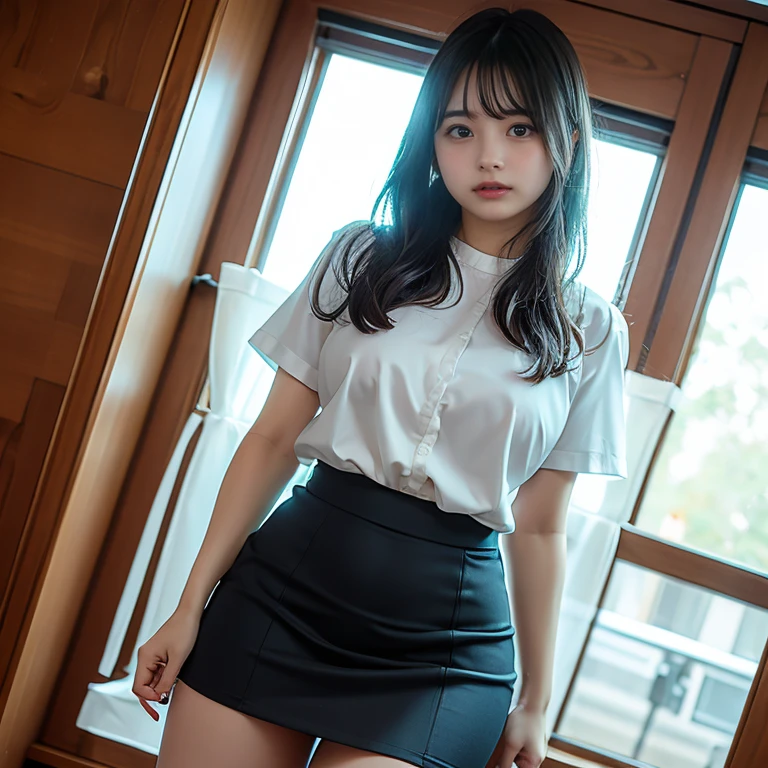 (Best Quality), masutepiece:1.2, 超A high resolution, ((full length body shot:1.4))、((Shot from below:1.4))、Photorealistic:1.4, Raw photo, ((In front of the fireplace in a dark mountain hut:1.4)), (Wide angle shot),  ((Collared short sleeve white shirt for students:1.4)),(1girl in),(15 year old girl), (Pink :1.4), ((wetted skin:1.5)), (Real Skin), ((⁩:1.4))、(Semi-long hair, dark brown hair)、 ((Denim skirt:1.4)), ((Carrying a large backpack:1.4)),((Not wearing panties:1.4))、((Detailed female genitalia、Pubic hair:1.4))、 (hyperdetailed face), ((shairband:1.4)), (Ultra detailed eyes), (Ultra-detailed nose), (Ultra detailed mouth), (Ultra detailed arms), (ultra detailed body), Pan Focus, gaze at the audience、angry looking face、standing with 