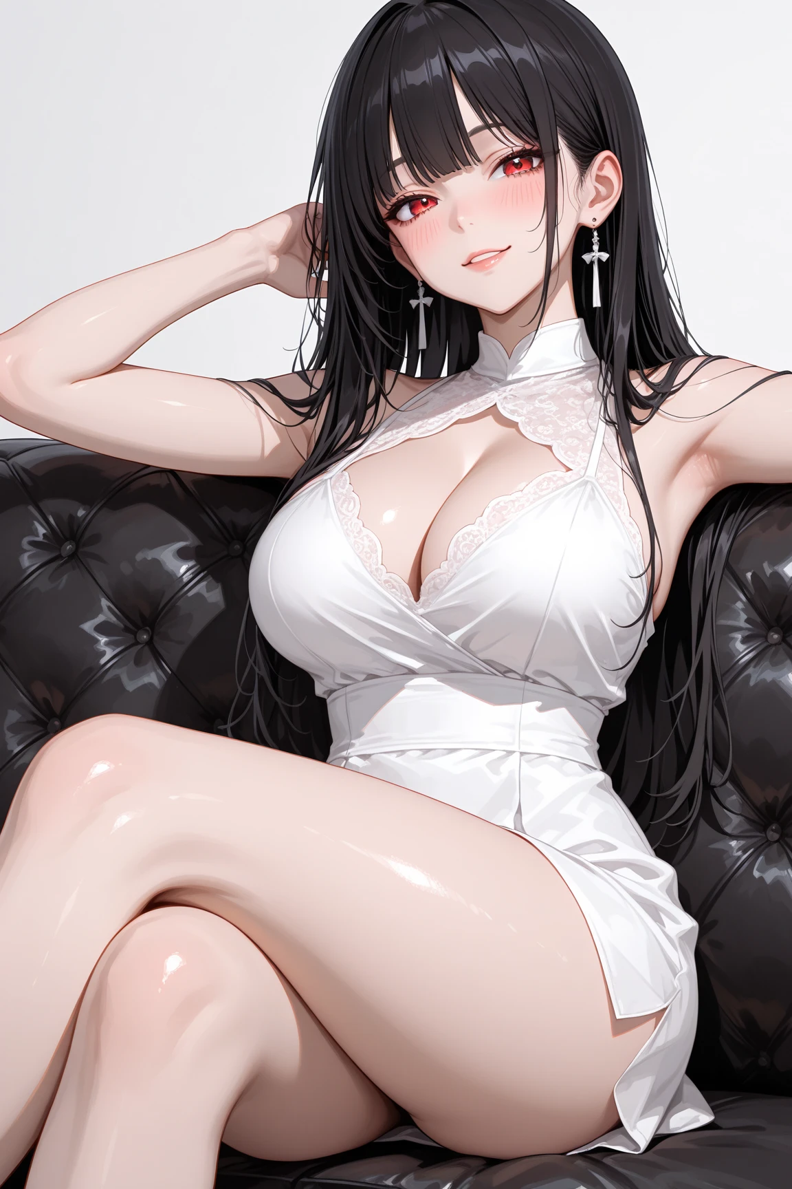 (sit next to:1.3, pov), Accurate human body、Detailed people、Correct five-finger、4K - ultra-vivid、highest quality, masterpiece, Ultra-high resolution, Detailed Background、The perfect background、　　　　　　　　　　　　　　　

(((Oily skin,Sparkling Skin、Realistic skin texture、Detailed beautiful skin、Shiny skin、Slimy skin、Glowing Skin、Shiny skin)))、

((Golden lighting、seductive face、Ecstatic、?????? excitement))

Full Body Shot, Low camera angle, Perfect face and eyes、

(Black straight hair:1.8,   White skin:1.5、cool beauty gyaru:1.5), ((super Slender body、???????????)), (Night dress、split dress、 Sequined white dress :1.5、purple eyes、Fluorescent Pink Lip Gloss:1.3, nightclub:1.5, Night lounge:1.5, luxury, Drunk, drink alcohol, A large  White sofa :1.2、18-year-old)