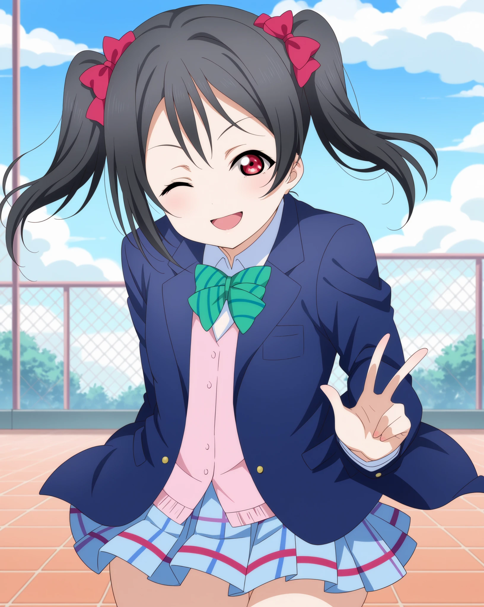 {{{love live! school idol project}}}, {{{love live!}}}, {{{Yazawa Nico}}}, Red Eyes, small breasts, short pigtails,  Smile wink {independent_school_ uniform },Blue blazer,Striped tie,plaid shirt,pleated shirt,skirt blue, Absolute Territory, {{{Preparatory school background}}} 