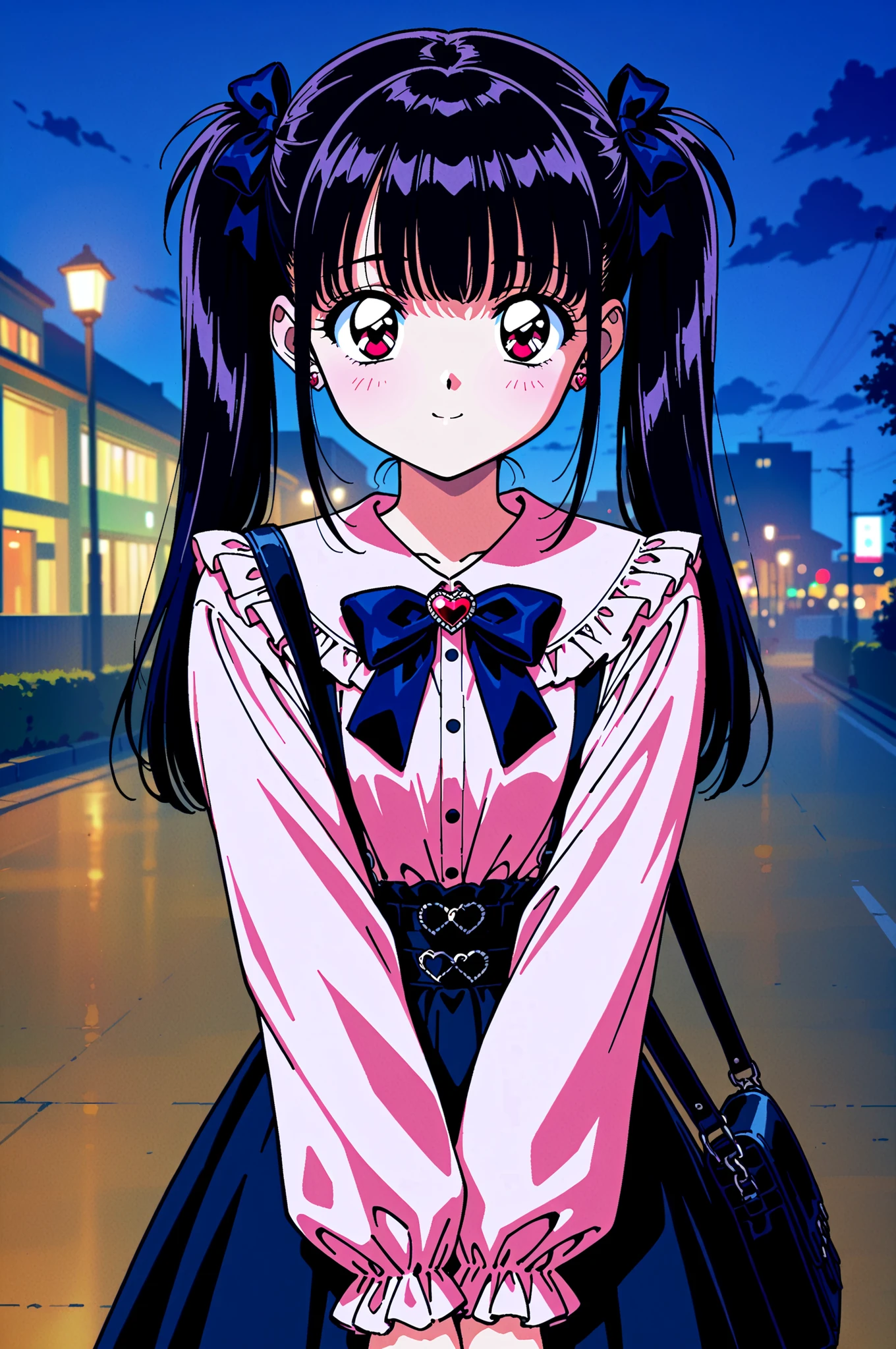 high-resolution image,masterpiece,Highest Quality,1990s anime style,girls,cute face,clean skin,shiny hair,super detailed eyes, jirai kei, dark haired, bow, twin tails, bag,pink shirt,black skirt,stupid hair