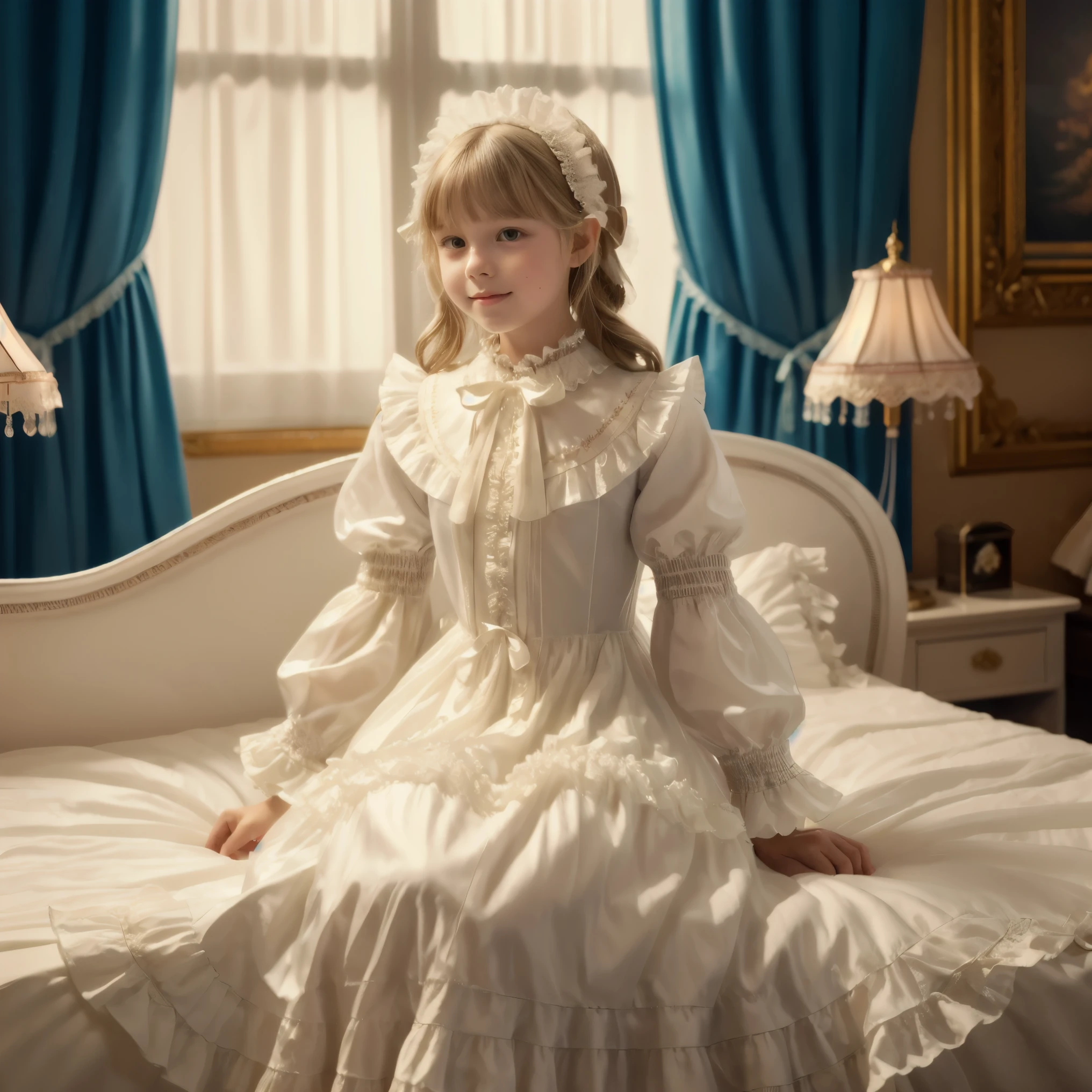 Highest Quality, masterpiece, highest resolution, art work, super get used to it, many Become familiar with, Become familiar with, get used to it,change,,little girl, Before going to bed,((12 years old)),European,((long blonde hair:1.0)),(((white nightgown with lots of frills and ribbons,1920s style Victorian nightgown:1.2))),((frill nightcap with ribbon)),((detailed yoke color with ruffles and ribbons,detailed ruffle placket:1.0)),((long sleeve,puff sleeve with ribbon,Ruffle sleeves)),((ruffle long skirt up to the ankle:1.0)),((the whole body is shown)),(of the goddess),(Night in the bedroom ),detailed night view and the moon in the window,Before going to bed, white ruffle socks,Luxurious canopy bed on the back,super detailed background,