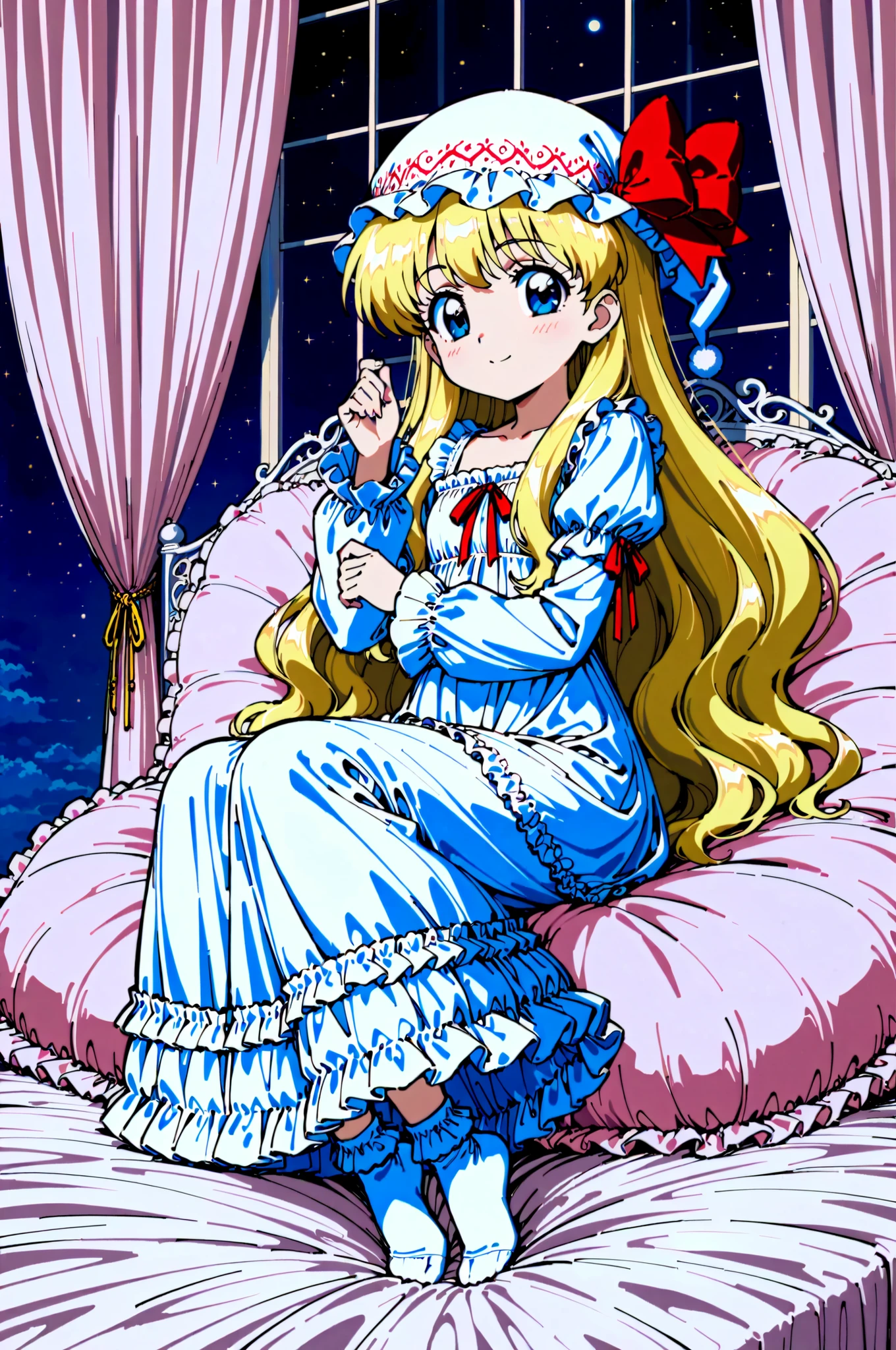 Highest Quality, masterpiece, highest resolution, art work, super get used to it, many Become familiar with, Become familiar with, get used to it,change,1990s anime style,little girl, Before going to bed,((12 years old)),European,((long blonde hair:1.0)),(((white nightgown with lots of frills and ribbons,1920s style Victorian nightgown:1.2))),((frill nightcap with ribbon)),((detailed yoke color with ruffles and ribbons,detailed ruffle placket:1.0)),((long sleeve,puff sleeve with ribbon,Ruffle sleeves)),((ruffle long skirt up to the ankle:1.0)),((the whole body is shown)),(of the goddess),(Night in the bedroom ),detailed night view and the moon in the window,Before going to bed, white ruffle socks,Luxurious canopy bed on the back,super detailed background,