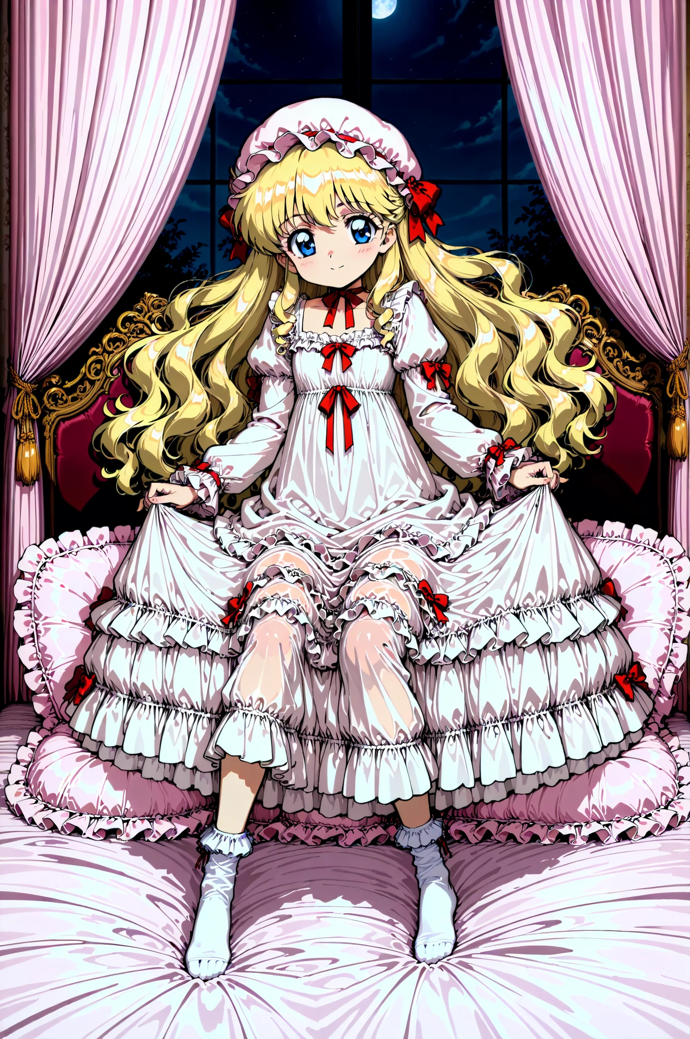 Highest Quality, masterpiece, highest resolution, art work, super get used to it, many Become familiar with, Become familiar with, get used to it,((1990s anime style,anime painting,Official Art:1.0)),little girl, Before going to bed,((12 years old)),European,((long blonde hair:1.0)),(((white nightgown with lots of frills and ribbons,1920s style Victorian nightgown:1.2))),((ruffle mob cap with ribbon)),((detailed yoke color with ruffles and ribbons,detailed ruffle placket:1.0)),((long sleeve,puff sleeve with ribbon,Ruffle sleeves)),((ruffle long skirt up to the ankle:1.0)),((the whole body is shown)),(of the goddess),(Night in the bedroom ),detailed night view and the moon in the window,Before going to bed, white ruffle socks,Luxurious Canopy Bed,super detailed background,