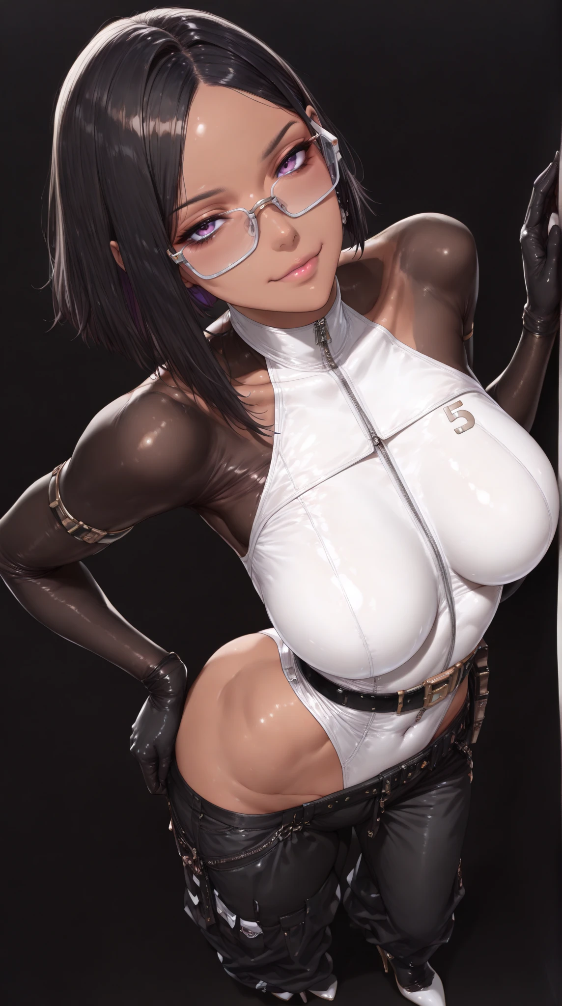 1girl, solo, fndaraku, long hair, colored inner hair, black hair, orange hair, green eyes, makeup, tinted shades, hime cut, silver jacket, cropped jacket, shiny oiled skin, micro bikini, indoors, adjusting clothes, hands on jacket, posing, sexy <lora:FN_Daraku-PONY:0.8>, score_9, score_8_up, score_7_up, score_6_up,
