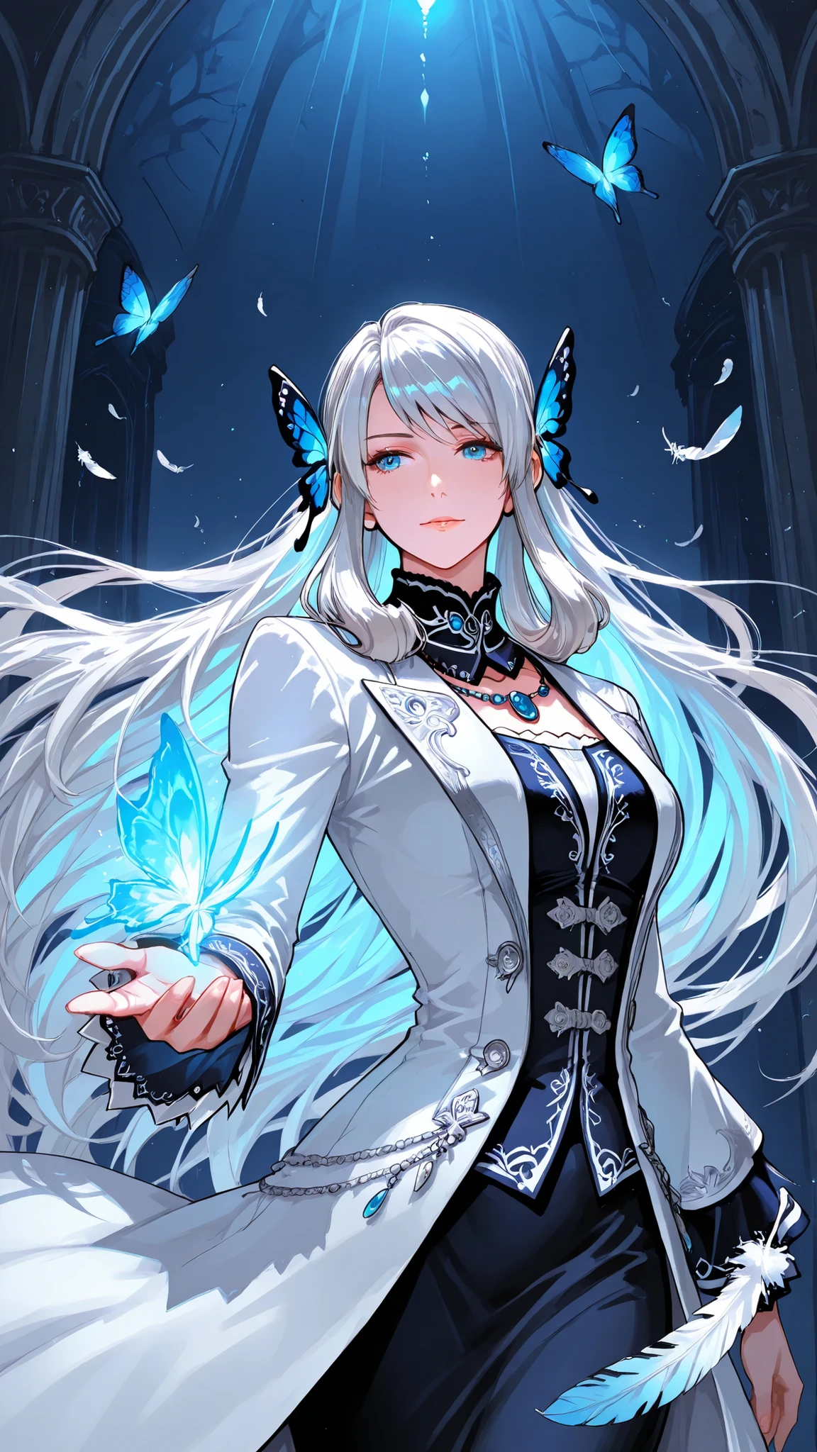 Luise Meyrink,1gira,solo,white hair, blue eyes,blue butterfly hair ornament,very long hair, mature woman, wearing a long white coat decorated with feathers on the collar, glowing blue eyes, followed by a spotlight, dynamic pose, night scene.