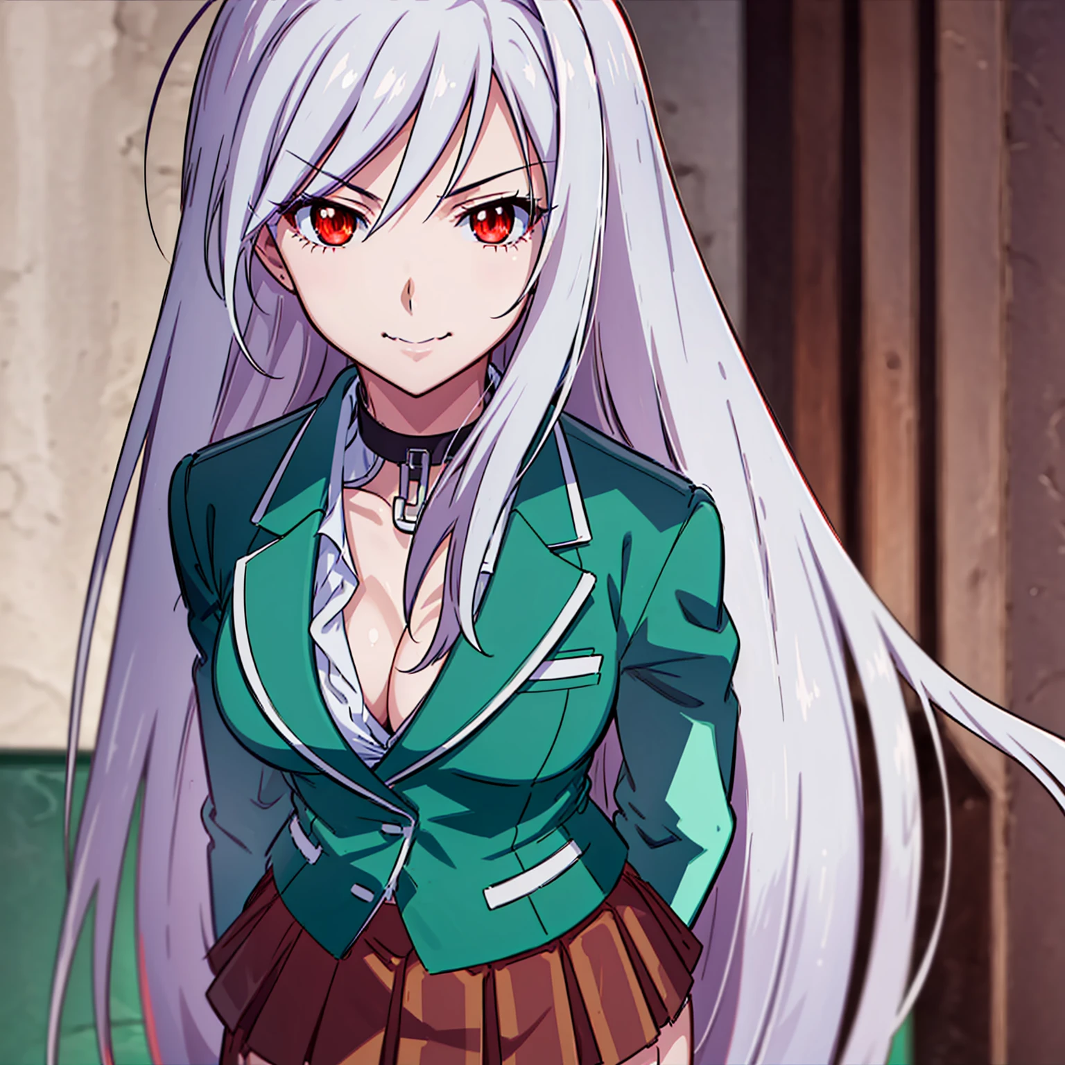 1 girl, moka akashiya, long silver hair, red eyes with slit pupils, large ??????, school uniform, green blazer, white shirt, brown skirt with black square pattern, standing, outdoor, smile, cocky expression, castle background,