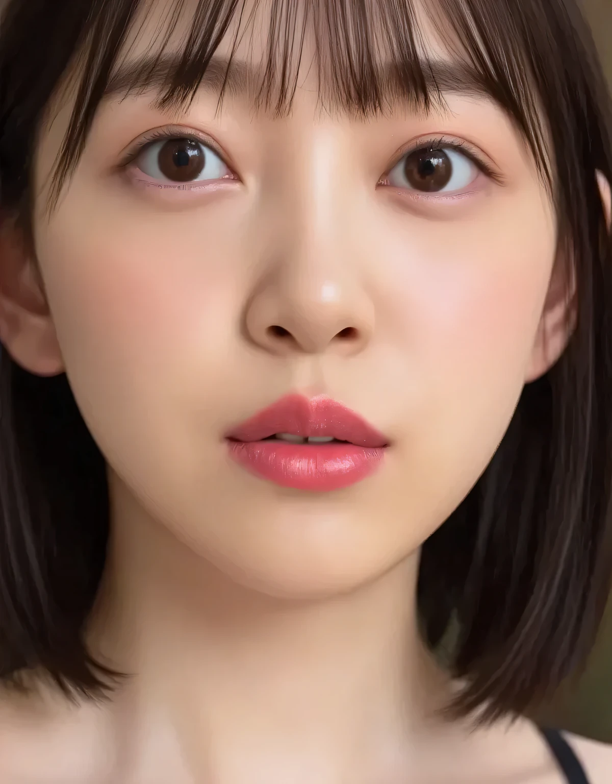 Beautiful Young Woman, Euphoric Smile , Extremely pouty lips, lips pushed forward, Lipsきつくキスしたくなるような口元, Lips、sharp O-shaped with a soft texture, Exaggerated Kiss Face, heart shaped lips , super glossy pink lips, red face, Red ears, Black Camisole, I can see my collarbone, close-up, facing upward, whole head in frame, soft studio lighting, Extremely pursed lips, Protruding Lips , Strong Gloss on the lips, moist lips, lips focus, plump lips, Smooth skin with a soft texture, Slightly downy hair, skin pores are subtly visible, strong feeling of love, face is slightly tilted back