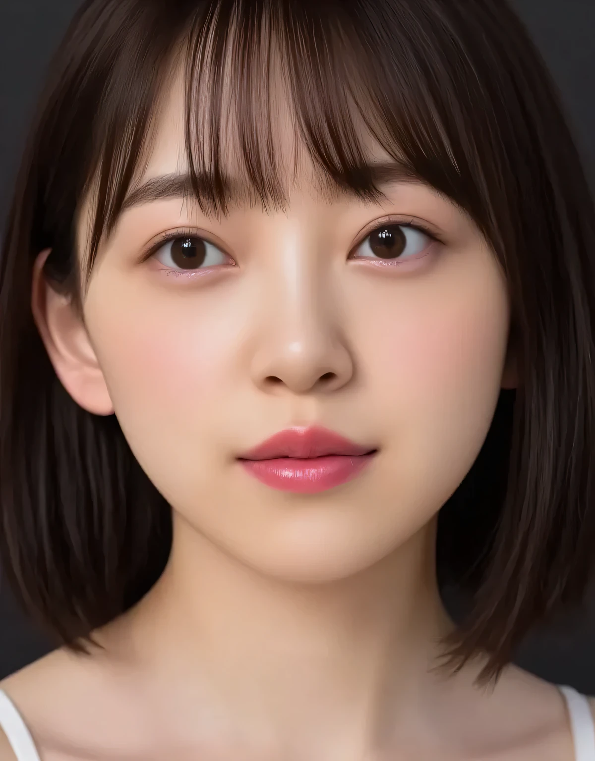 Beautiful Young Woman, Euphoric Smile , Extremely pouty lips, lips pushed forward, Lipsきつくキスしたくなるような口元, Lips、sharp O-shaped with a soft texture, Exaggerated Kiss Face, heart shaped lips , super glossy pink lips, red face, Red ears, Black Camisole, I can see my collarbone, close-up, facing upward, whole head in frame, soft studio lighting, Extremely pursed lips, Protruding Lips , Strong Gloss on the lips, moist lips, lips focus, plump lips, Smooth skin with a soft texture, Slightly downy hair, skin pores are subtly visible, strong feeling of love, face is slightly tilted back
