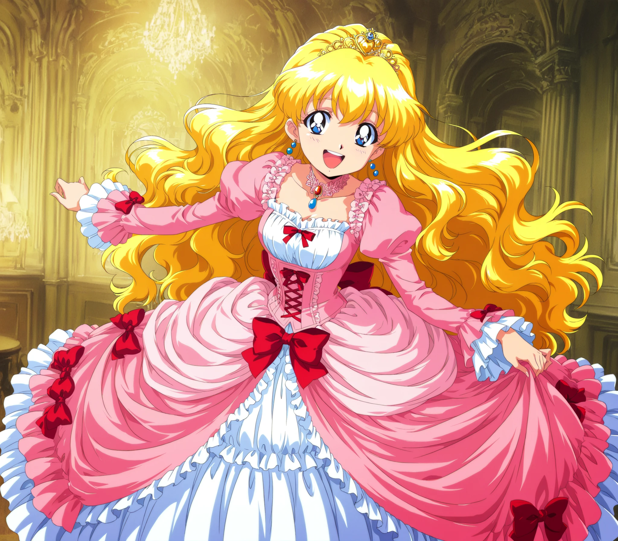 masterpiece, so beautiful, (Anime Coloring, animated screenshot), Official Art, Illustration, 90s Anime Style,
1girl, masterpiece, Highest Quality, Ridiculous, Official Art, Official Style, Cute Princess, she's laughing,((pink silk satin Victorian style large ball gown dress.:1.0)),short,long sleeve,The dress is adorned with lots of ruffles and ribbons., they have long blond wavy hair that is waist-length,They wear a princess tiara on their head,I'm wearing a princess tiara on my head,Detailed background 1.0