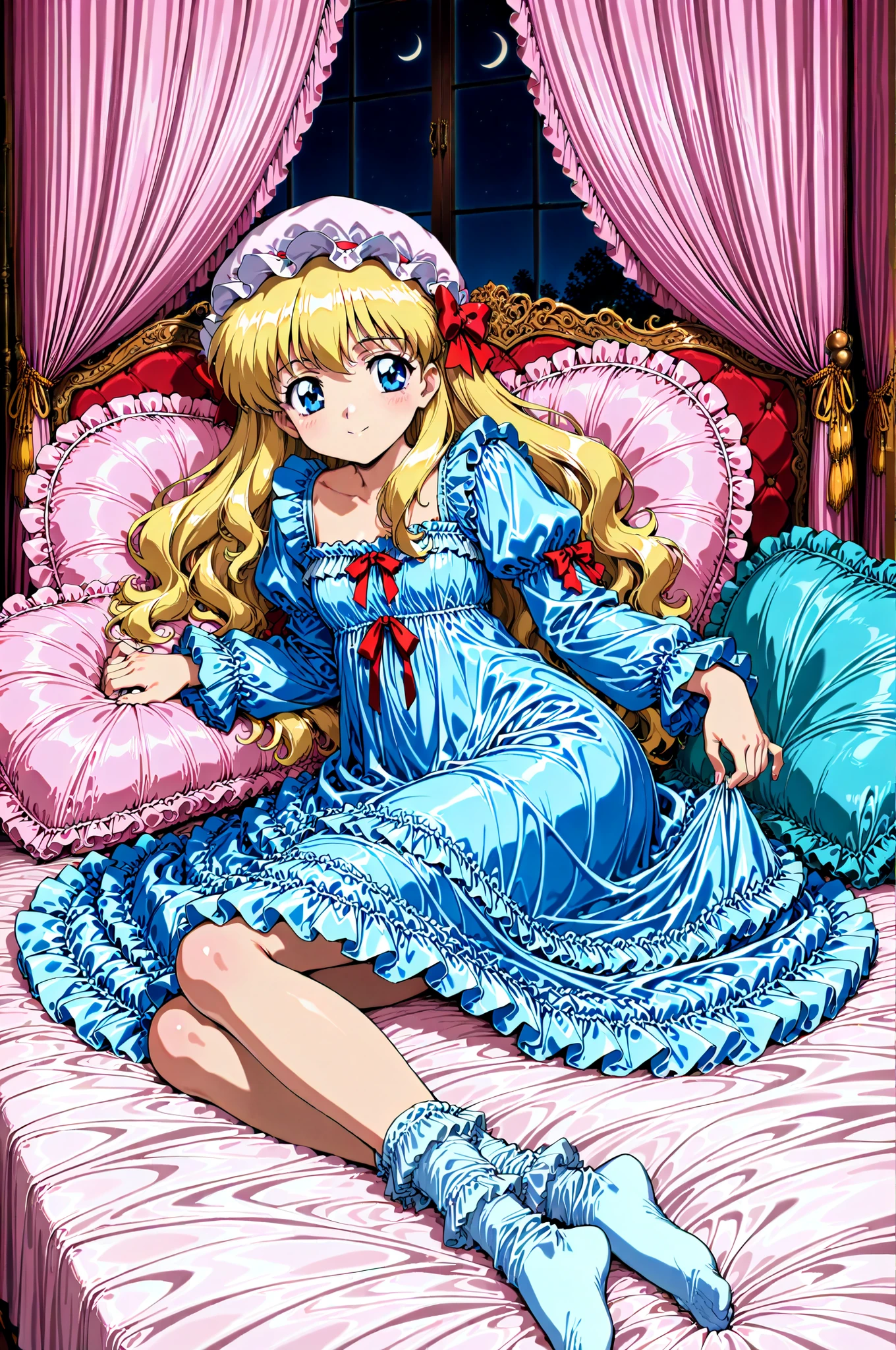 Highest Quality, masterpiece, highest resolution, art work, super get used to it, many Become familiar with, Become familiar with, get used to it,((1990s anime style,anime painting,Official Art:1.2)),little girl, Before going to bed,((12 years old)),European,((long blonde hair:1.0)),(((white nightgown with lots of frills and ribbons,1920s style Victorian nightgown:1.2))),((ruffle mob cap with ribbon)),((detailed yoke color with ruffles and ribbons,detailed ruffle placket:1.0)),((long sleeve,puff sleeve with ribbon,Ruffle sleeves)),((ruffle long skirt up to the ankle:1.0)),((the whole body is shown)),(of the goddess),(Night in the bedroom ),detailed night view and the moon in the window,Before going to bed, white ruffle socks,Luxurious Canopy Bed,super detailed background,