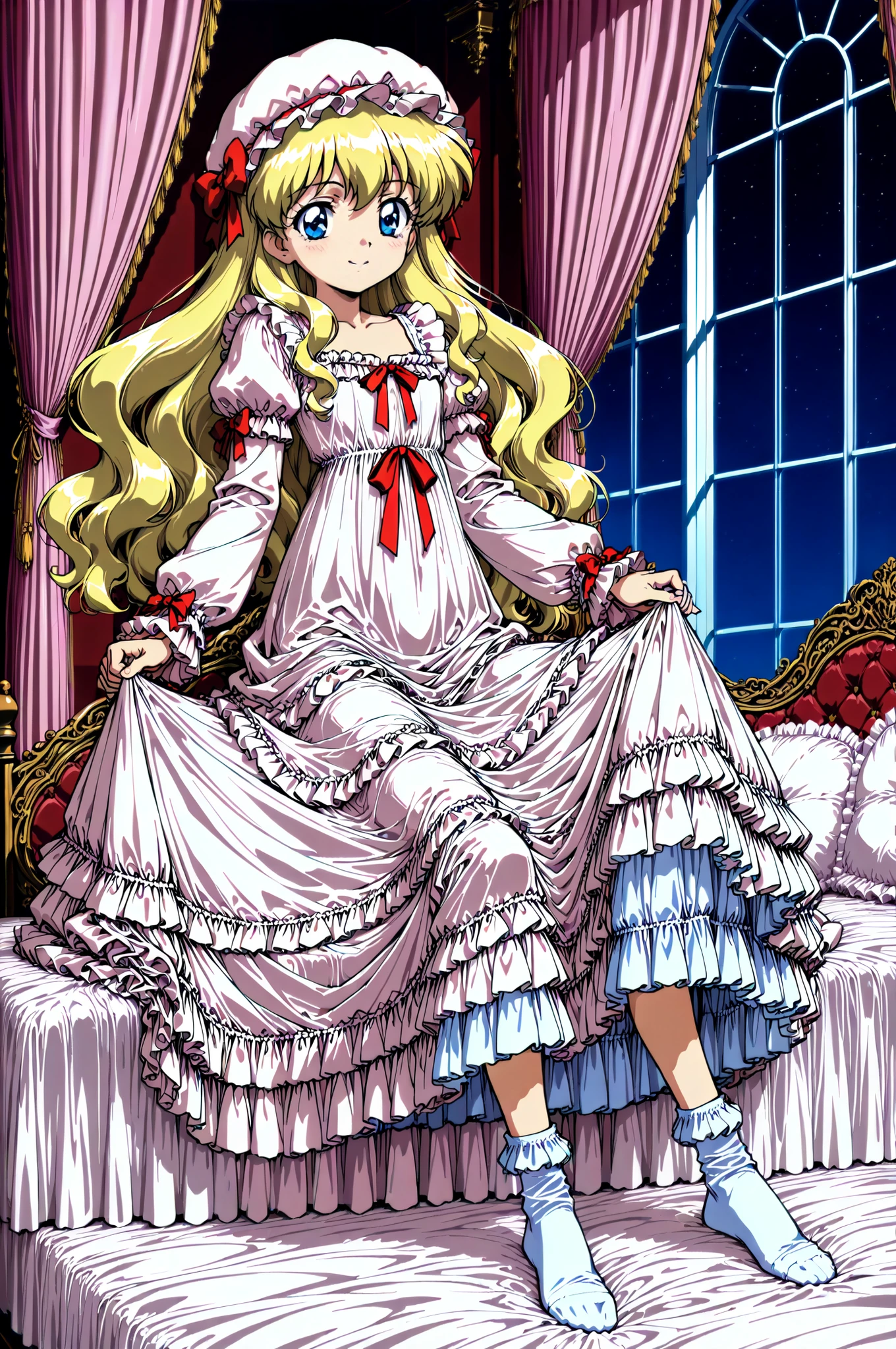 Highest Quality, masterpiece, highest resolution, art work, super get used to it, many Become familiar with, Become familiar with, get used to it,((1990s anime style,anime painting,Official Art:1.2)),little girl, Before going to bed,((12 years old)),European,((long blonde hair:1.0)),(((white nightgown with lots of frills and ribbons,1920s style Victorian nightgown:1.2))),((ruffle mob cap with ribbon)),((detailed yoke color with ruffles and ribbons,detailed ruffle placket:1.0)),((long sleeve,puff sleeve with ribbon,Ruffle sleeves)),((ruffle long skirt up to the ankle:1.0)),((the whole body is shown)),(of the goddess),(Night in the bedroom ),detailed night view and the moon in the window,Before going to bed, white ruffle socks,Luxurious Canopy Bed,super detailed background,
