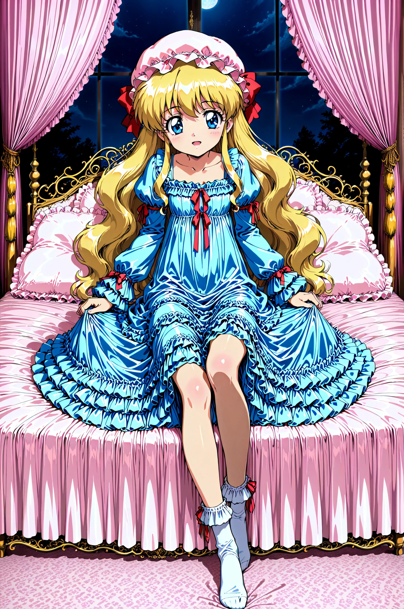 Highest Quality, masterpiece, highest resolution, art work, super get used to it, many Become familiar with, Become familiar with, get used to it,((1990s anime style,anime painting,Official Art:1.2)),little girl, Before going to bed,((12 years old)),European,((long blonde hair:1.0)),(((white nightgown with lots of frills and ribbons,1920s style Victorian nightgown:1.2))),((ruffle mob cap with ribbon)),((detailed yoke color with ruffles and ribbons,detailed ruffle placket:1.0)),((long sleeve,puff sleeve with ribbon,Ruffle sleeves)),((ruffle long skirt up to the ankle:1.0)),((the whole body is shown)),(of the goddess),(Night in the bedroom ),detailed night view and the moon in the window,Before going to bed, white ruffle socks,Luxurious Canopy Bed,super detailed background,