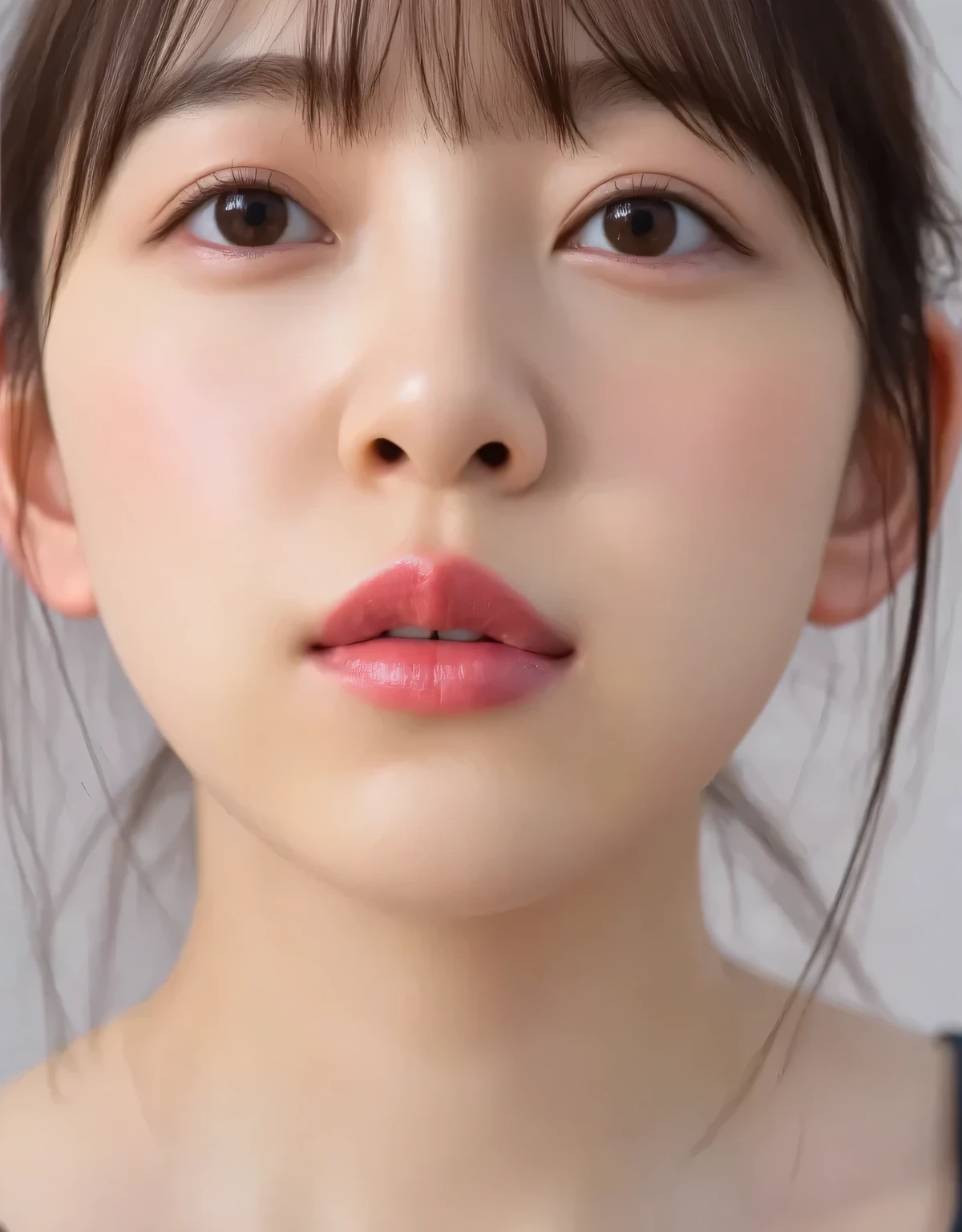 Beautiful Young Woman, Euphoric Smile , Extremely pouty lips, lips pushed forward, Lipsきつくキスしたくなるような口元, Lips、sharp O-shaped with a soft texture, Exaggerated Kiss Face, heart shaped lips , super glossy pink lips, red face, Red ears, Black Camisole, I can see my collarbone, close-up, facing upward, whole head in frame, soft studio lighting, Extremely pursed lips, Protruding Lips , Strong Gloss on the lips, moist lips, lips focus, plump lips, Smooth skin with a soft texture, Slightly downy hair, skin pores are subtly visible, strong feeling of love, face is slightly tilted back