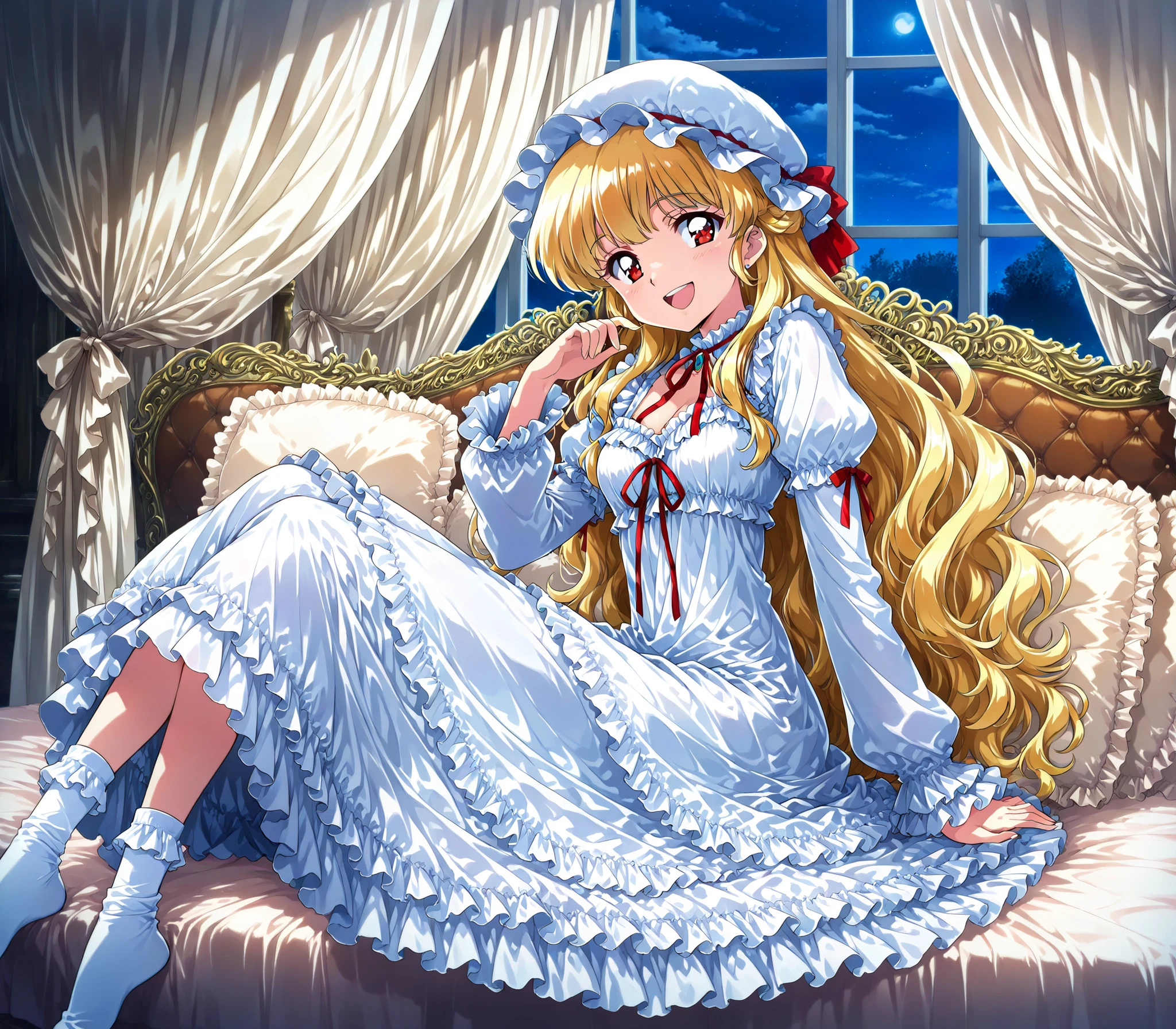 masterpiece, so beautiful, (Anime Coloring, animated screenshot), Official Art, Illustration, 90s Anime Style,
1girl, masterpiece, Highest Quality, Ridiculous, Official Art, Official Style, cute girl,she's laughing, little girl, Before going to bed,((12 years old)),The dress is adorned with lots of ruffles and ribbons., they have long blond wavy hair that is waist-length,,((long blonde hair:1.0)),(((white nightgown with lots of frills and ribbons,1920s style Victorian nightgown:1.2))),((ruffle mob cap with ribbon)),((detailed yoke color with ruffles and ribbons,detailed ruffle placket:1.0)),((long sleeve,puff sleeve with ribbon,Ruffle sleeves)),((ruffle long skirt up to the ankle:1.0)),((the whole body is shown)),(of the goddess),(Night in the bedroom ),detailed night view and the moon in the window,Before going to bed, white ruffle socks,Luxurious Canopy Bed,豪華なヨーロッパのロココ調のof the goddessで,Detailed background 1.0