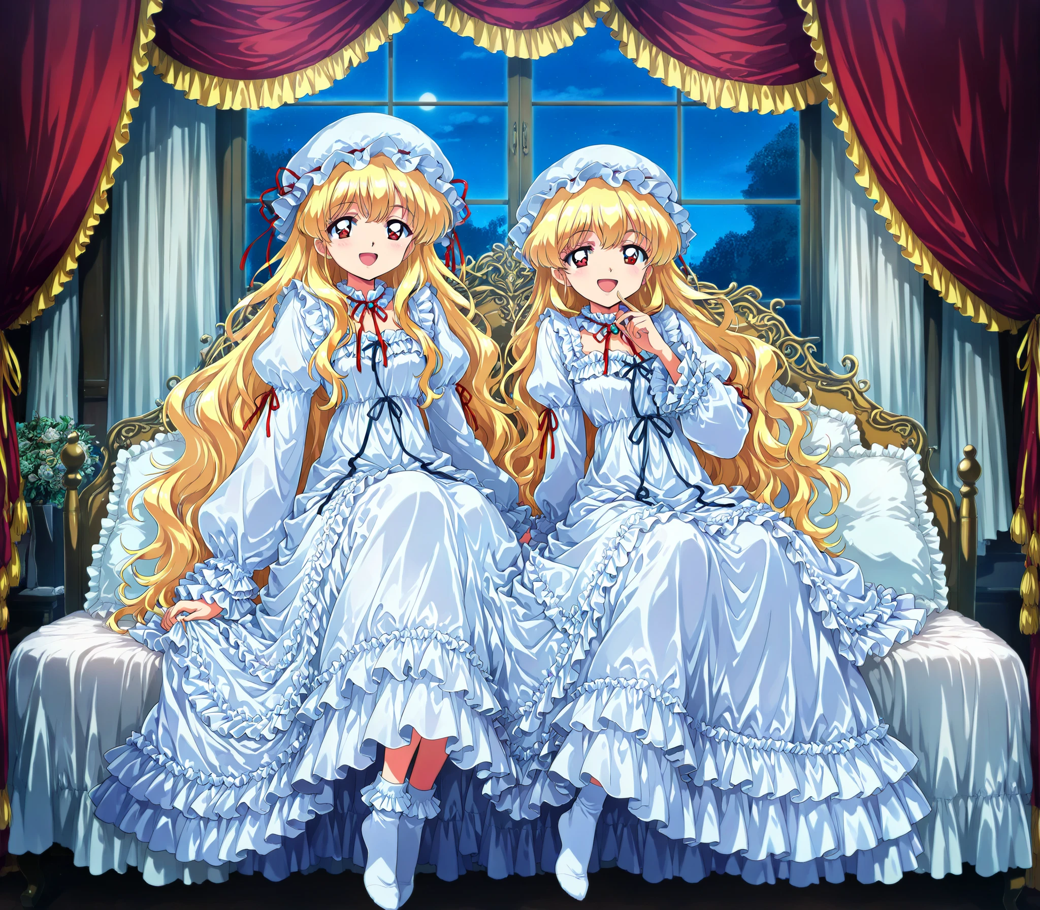 masterpiece, so beautiful, (Anime Coloring, animated screenshot), Official Art, Illustration, 90s Anime Style,
1girl, masterpiece, Highest Quality, Ridiculous, Official Art, Official Style, cute girl,she's laughing, little girl, Before going to bed,((12 years old)),The dress is adorned with lots of ruffles and ribbons., they have long blond wavy hair that is waist-length,,((long blonde hair:1.0)),(((white nightgown with lots of frills and ribbons,1920s style Victorian nightgown:1.2))),((ruffle mob cap with ribbon)),((detailed yoke color with ruffles and ribbons,detailed ruffle placket:1.0)),((long sleeve,puff sleeve with ribbon,Ruffle sleeves)),((ruffle long skirt up to the ankle:1.0)),((the whole body is shown)),(of the goddess),(Night in the bedroom ),detailed night view and the moon in the window,Before going to bed, white ruffle socks,Luxurious Canopy Bed,豪華なヨーロッパのロココ調のof the goddessで,Detailed background 1.0