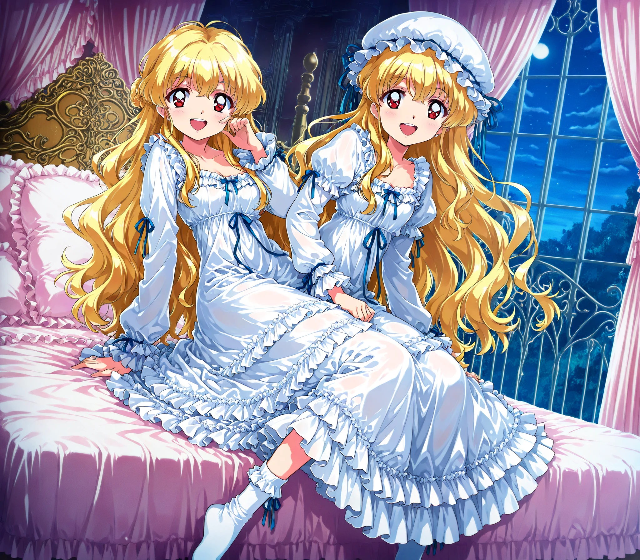 masterpiece, so beautiful, (Anime Coloring, animated screenshot), Official Art, Illustration, 90s Anime Style,
1girl, masterpiece, Highest Quality, Ridiculous, Official Art, Official Style, cute girl,she's laughing, little girl, Before going to bed,((12 years old)),The dress is adorned with lots of ruffles and ribbons., they have long blond wavy hair that is waist-length,,((long blonde hair:1.0)),(((white nightgown with lots of frills and ribbons,1920s style Victorian nightgown:1.2))),((ruffle mob cap with ribbon)),((detailed yoke color with ruffles and ribbons,detailed ruffle placket:1.0)),((long sleeve,puff sleeve with ribbon,Ruffle sleeves)),((ruffle long skirt up to the ankle:1.0)),((the whole body is shown)),(of the goddess),(Night in the bedroom ),detailed night view and the moon in the window,Before going to bed, white ruffle socks,Luxurious Canopy Bed,豪華なヨーロッパのロココ調のof the goddessで,Detailed background 1.0