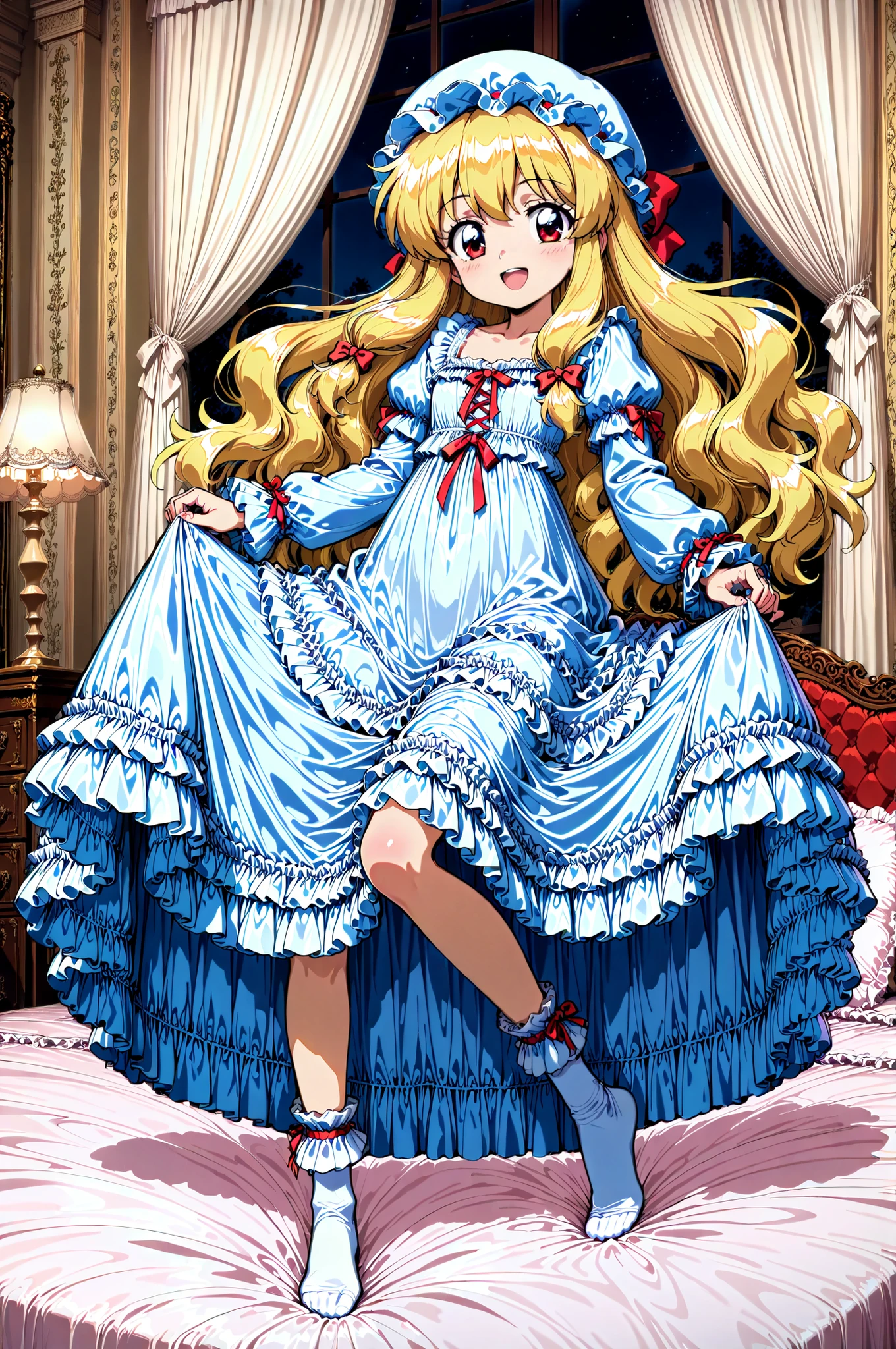 Highest Quality, masterpiece, highest resolution, art work, super get used to it, many Become familiar with, Become familiar with, get used to it,((90s Anime Style,anime painting,Official Art:1.2)),little girl, Before going to bed,((12 years old)),,((long blonde hair:1.0)),(((white nightgown with lots of frills and ribbons,1920s style Victorian nightgown:1.2))),((ruffle mob cap with ribbon)),((detailed yoke color with ruffles and ribbons,detailed ruffle placket:1.0)),((long sleeve,puff sleeve with ribbon,Ruffle sleeves)),((ruffle long skirt up to the ankle:1.0)),((the whole body is shown)),(of the goddess),(Night in the bedroom ),detailed night view and the moon in the window,Before going to bed, white ruffle socks,Luxurious Canopy Bed,super detailed background,