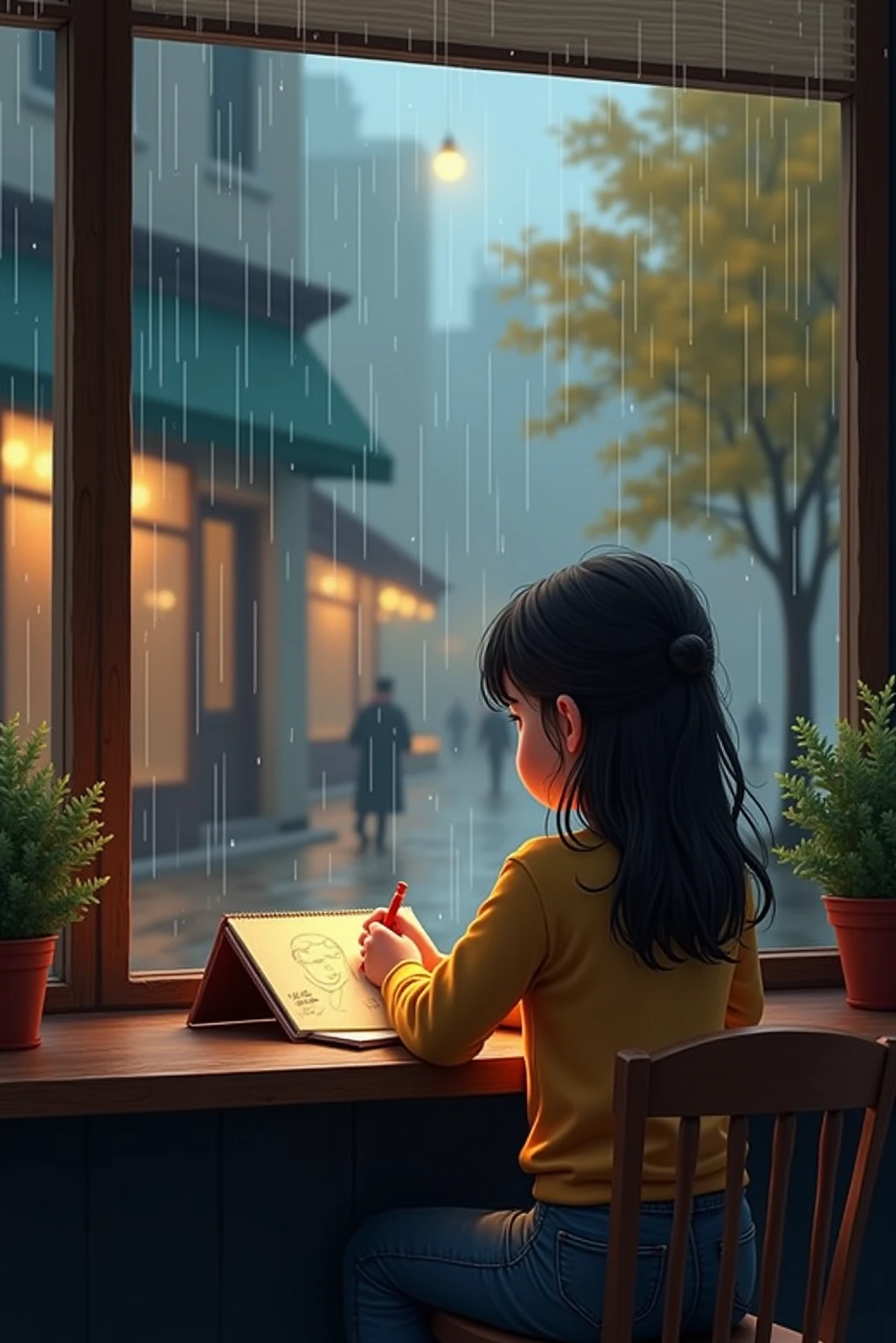 A girl sitting in front of a cafe window on a rainy day, Sketch on a notebook. Raindrops walk down the glass. Comfortable digital realism, a warm color palette, soft bokeh, High Resolution Storytelling Composition.