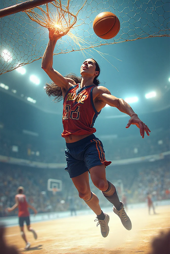 Jennifer Lopez is beautiful, smiling happily, wearing a silver strapless top and red shorts, posing with a basketball, grass field