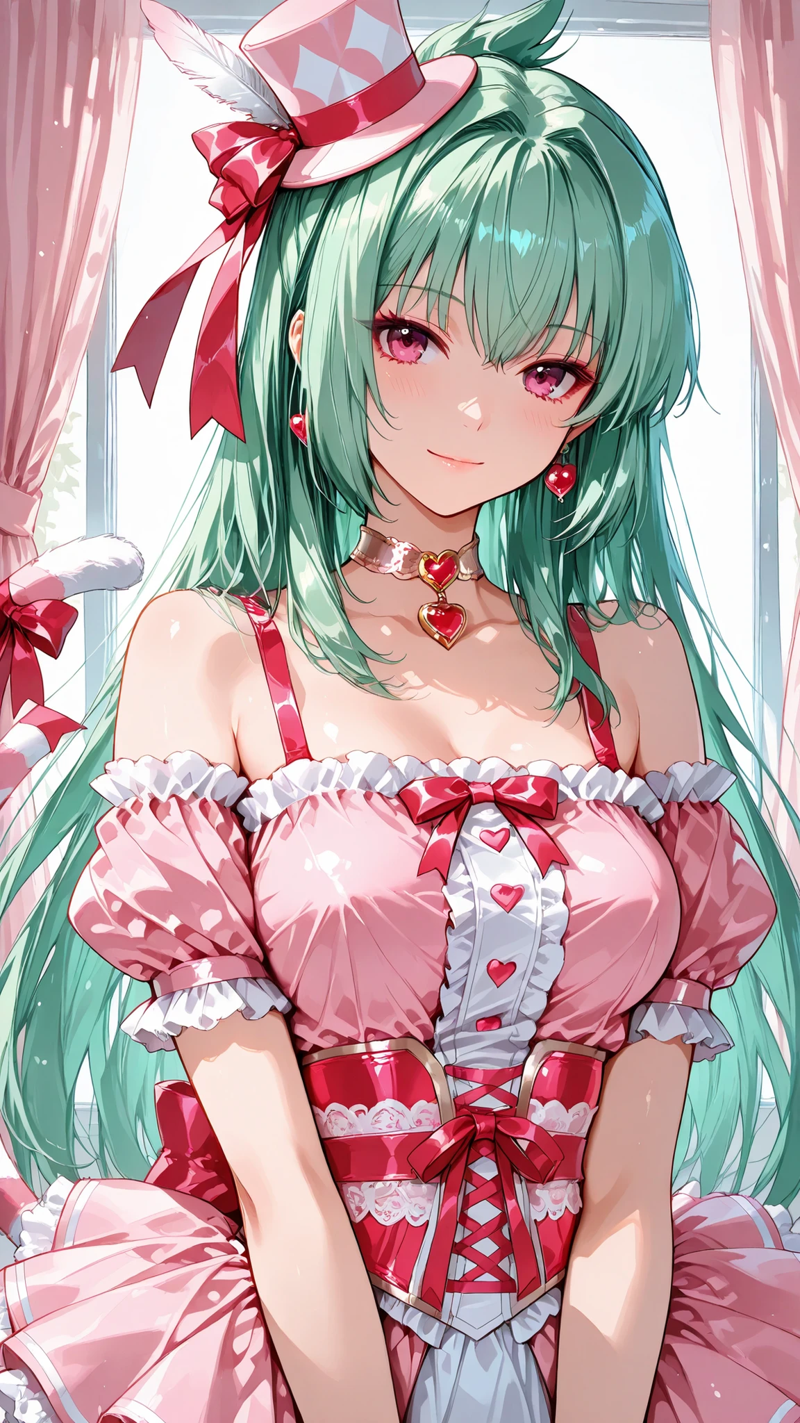 solo, kanzaki_saya,  long hair, green hair, mature woman, Tight waist、Small waist、shiny Skin ,  (upper body), light smile,  kawaii circus costume, beautiful anime girl, small silk top hat with ribbon and feather, candy stripe corset (pink & white) with heart frills, off-shoulder puff sleeves, 3-layer frilly tutu skirt with star sequins, ribbon tail on back, jewel choker, lace-up patent boots, vibrant pastel colors, studio lighting, ultra-detailed, masterpiece, illustration,