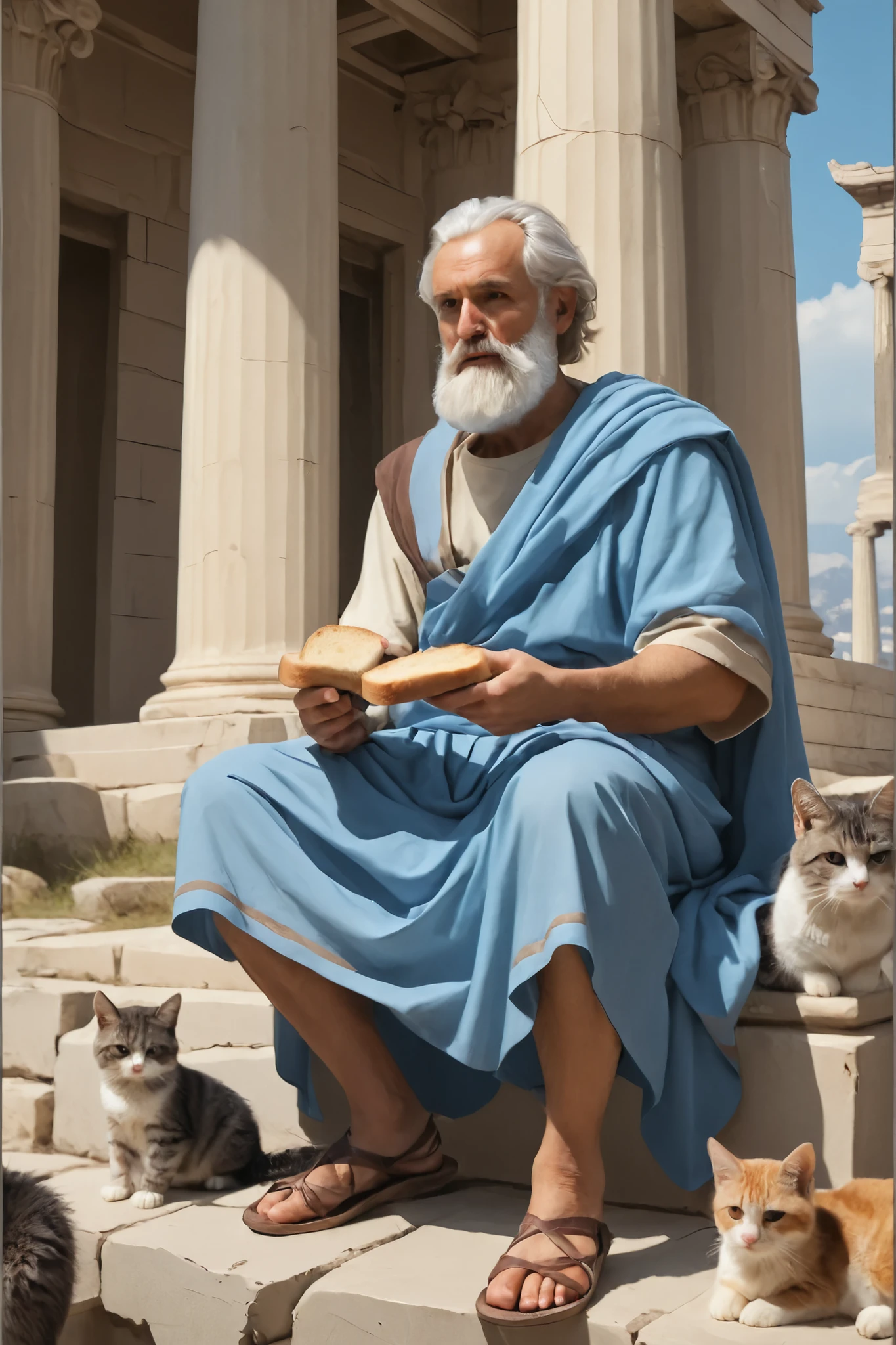 An elderly philosopher seated under ancient columns, in a setting inspired by classical Greece, with the Parthenon in the background. He wears a faded light-blue robe and has a white beard. He eats a piece of bread while sharing crumbs with several domestic cats of natural fur: brown, gray, black, and tabby. Around him: tall pines, ancient cobblestones, serene and melancholic atmosphere. Classical oil painting style, historical realism, soft twilight lighting, detailed textures of stone, fabric, and skin. Dramatic tone, balanced composition, focus on the philosopher's face.