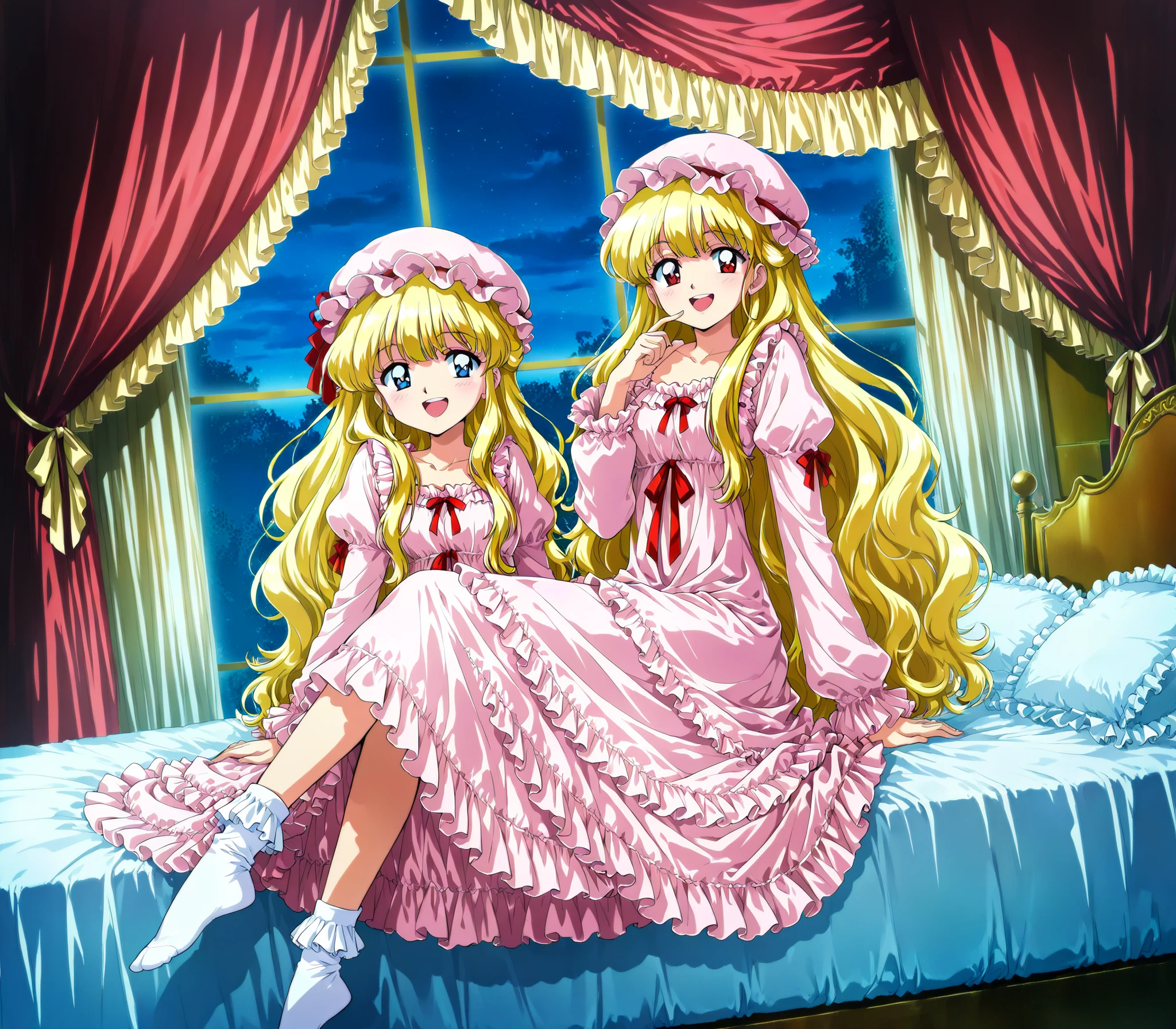 masterpiece, so beautiful, (Anime Coloring, animated screenshot), Official Art, Illustration, 90s Anime Style,
1girl, masterpiece, Highest Quality, Ridiculous, Official Art, Official Style, cute girl,she's laughing, little girl, Before going to bed,((12 years old)),The dress is adorned with lots of ruffles and ribbons., they have long blond wavy hair that is waist-length,,((long blonde hair:1.0)),(((pink nightgown with lots of ruffles and bows,1920s style Victorian nightgown:1.2))),((ruffle mob cap with ribbon)),((detailed yoke color with ruffles and ribbons,detailed ruffle placket:1.0)),((long sleeve,puff sleeve with ribbon,Ruffle sleeves)),((ruffle long skirt up to the ankle:1.0)),((the whole body is shown)),(of the goddess),(Night in the bedroom ),detailed night view and the moon in the window,Before going to bed, white ruffle socks,Luxurious Canopy Bed,豪華なヨーロッパのロココ調のof the goddessで,Detailed background 1.0