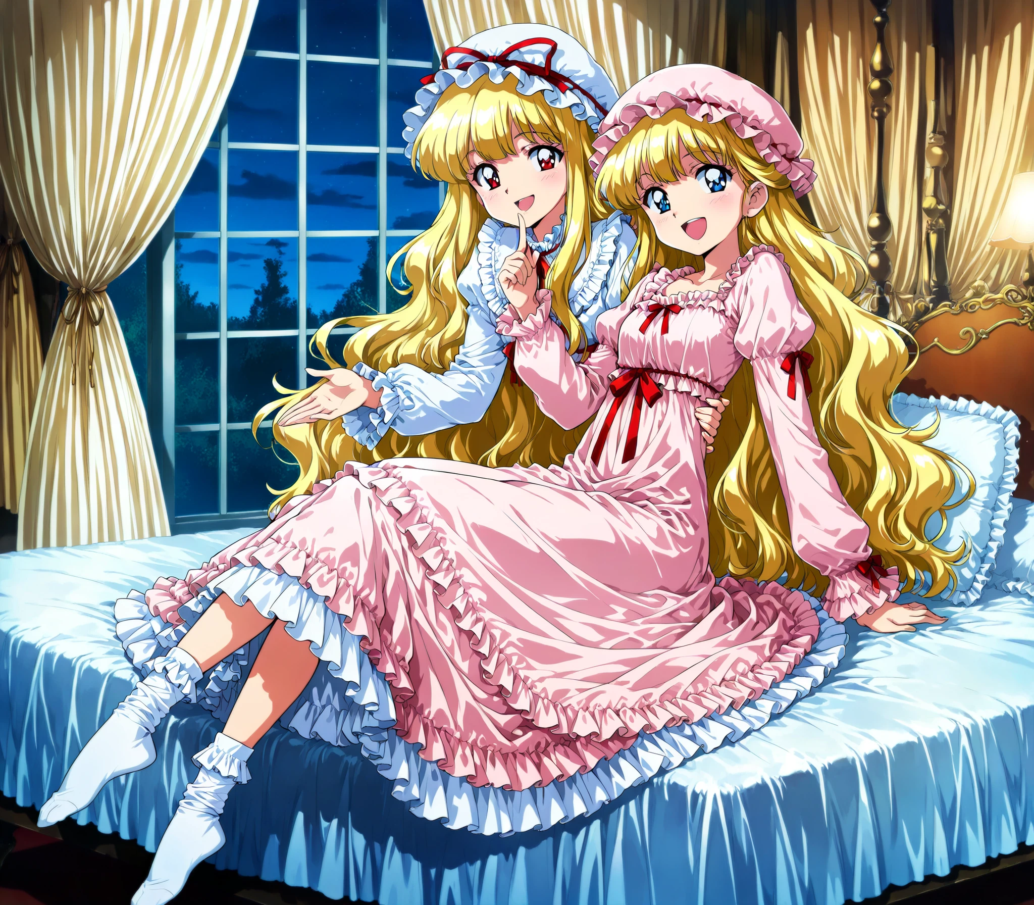 masterpiece, so beautiful, (Anime Coloring, animated screenshot), Official Art, Illustration, 90s Anime Style,
1girl, masterpiece, Highest Quality, Ridiculous, Official Art, Official Style, cute girl,she's laughing, little girl, Before going to bed,((12 years old)),The dress is adorned with lots of ruffles and ribbons., they have long blond wavy hair that is waist-length,,((long blonde hair:1.0)),(((pink nightgown with lots of ruffles and bows,1920s style Victorian nightgown:1.2))),((ruffle mob cap with ribbon)),((detailed yoke color with ruffles and ribbons,detailed ruffle placket:1.0)),((long sleeve,puff sleeve with ribbon,Ruffle sleeves)),((ruffle long skirt up to the ankle:1.0)),((the whole body is shown)),(of the goddess),(Night in the bedroom ),detailed night view and the moon in the window,Before going to bed, white ruffle socks,Luxurious Canopy Bed,豪華なヨーロッパのロココ調のof the goddessで,Detailed background 1.0