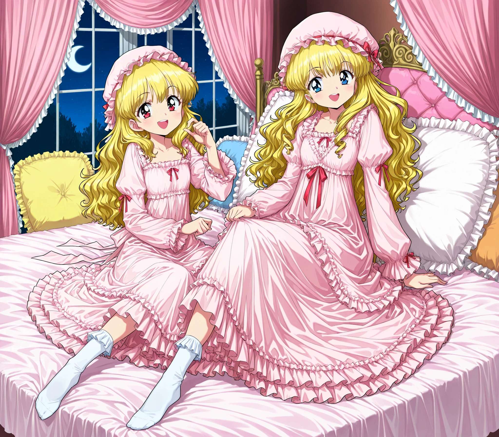 masterpiece, so beautiful, (Anime Coloring, animated screenshot), Official Art, Illustration, 90s Anime Style,
1girl, masterpiece, Highest Quality, Ridiculous, Official Art, Official Style, cute girl,she's laughing, little girl, Before going to bed,((12 years old)),The dress is adorned with lots of ruffles and ribbons., they have long blond wavy hair that is waist-length,,((long blonde hair:1.0)),(((pink nightgown with lots of frills and ribbons,1920s style Victorian nightgown:1.2))),((ruffle mob cap with ribbon)),((detailed yoke color with ruffles and ribbons,detailed ruffle placket:1.0)),((long sleeve,puff sleeve with ribbon,Ruffle sleeves)),((ruffle long skirt up to the ankle:1.0)),((the whole body is shown)),(of the goddess),(Night in the bedroom ),detailed night view and the moon in the window,Before going to bed, white ruffle socks,((gorgeous and adorable pink canopy bed,Frilled Bed Sheets,Lots of ruffle pillows:1.0)),豪華なヨーロッパのロココ調のof the goddessで,Detailed background 1.0