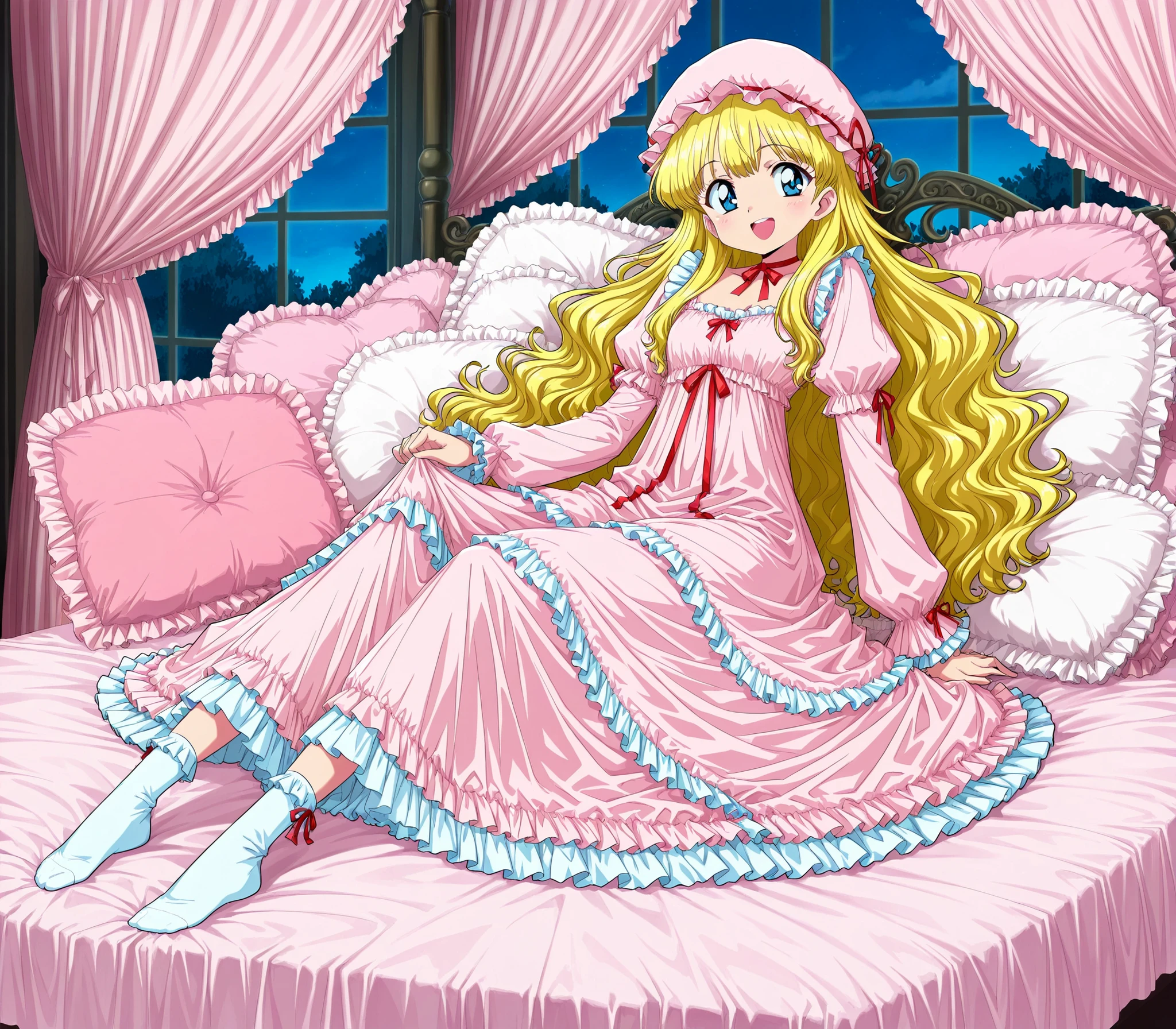 masterpiece, so beautiful, (Anime Coloring, animated screenshot), Official Art, Illustration, 90s Anime Style,
1girl, masterpiece, Highest Quality, Ridiculous, Official Art, Official Style, cute girl,she's laughing, little girl, Before going to bed,((12 years old)),The dress is adorned with lots of ruffles and ribbons., they have long blond wavy hair that is waist-length,,((long blonde hair:1.0)),(((pink nightgown with lots of ruffles and bows,1920s style Victorian nightgown:1.2))),((ruffle mob cap with ribbon)),((detailed yoke color with ruffles and ribbons,detailed ruffle placket:1.0)),((long sleeve,puff sleeve with ribbon,Ruffle sleeves)),((ruffle long skirt up to the ankle:1.0)),((the whole body is shown)),(of the goddess),(Night in the bedroom ),detailed night view and the moon in the window,Before going to bed, white ruffle socks,((gorgeous and adorable pink canopy bed,Frilled Bed Sheets,Lots of ruffle pillows:1.0)),豪華なヨーロッパのロココ調のof the goddessで,Detailed background 1.0