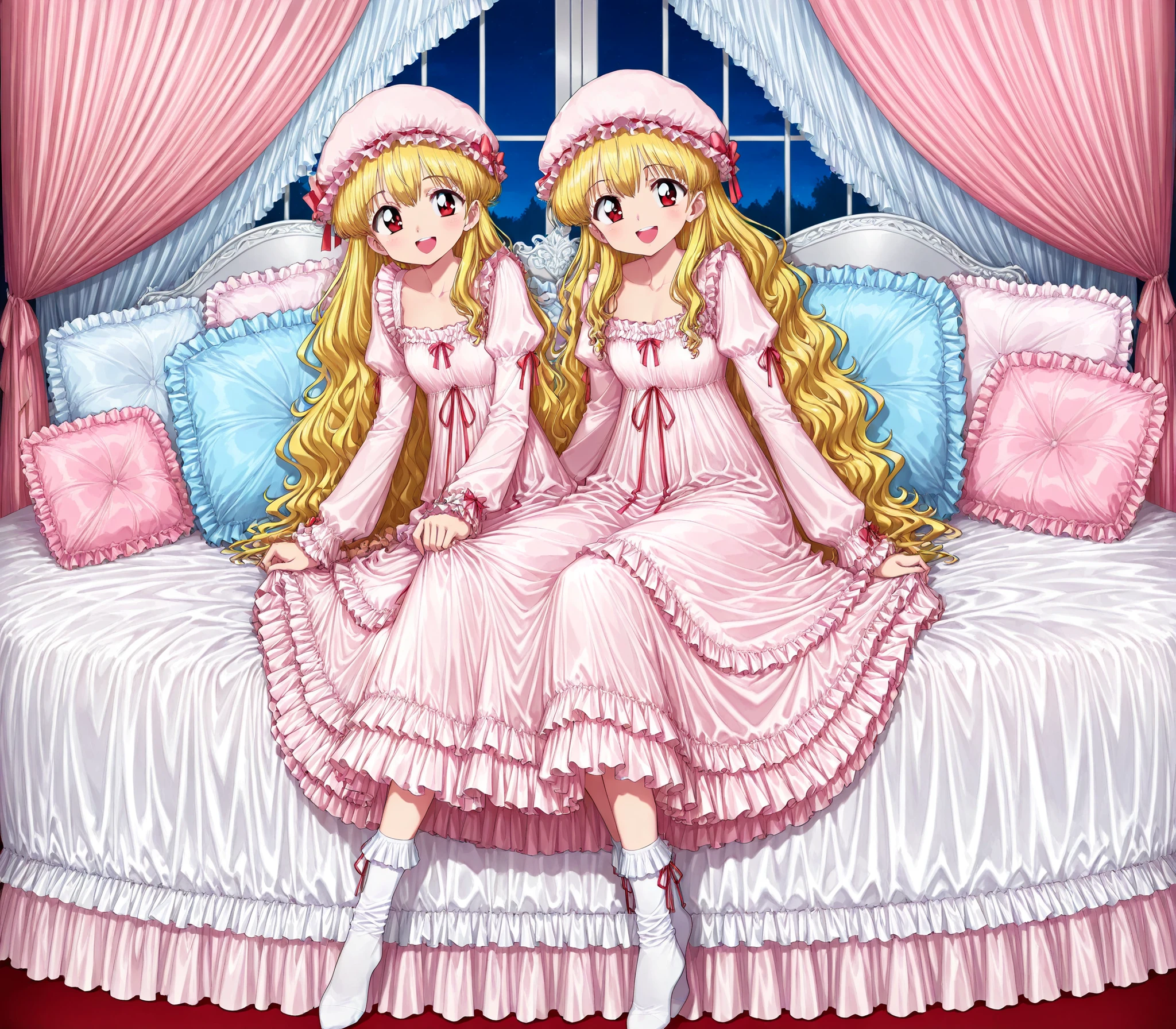 masterpiece, so beautiful, (Anime Coloring, animated screenshot), Official Art, Illustration, 90s Anime Style,
1girl, masterpiece, Highest Quality, Ridiculous, Official Art, Official Style, cute girl,she's laughing, little girl, Before going to bed,((12 years old)),The dress is adorned with lots of ruffles and ribbons., they have long blond wavy hair that is waist-length,,((long blonde hair:1.0)),(((pink nightgown with lots of frills and ribbons,1920s style Victorian nightgown:1.2))),((ruffle mob cap with ribbon)),((detailed yoke color with ruffles and ribbons,detailed ruffle placket:1.0)),((long sleeve,puff sleeve with ribbon,Ruffle sleeves)),((ruffle long skirt up to the ankle:1.0)),((the whole body is shown)),(of the goddess),(Night in the bedroom ),detailed night view and the moon in the window,Before going to bed, white ruffle socks,((gorgeous and adorable pink canopy bed,Frilled Bed Sheets,Lots of ruffle pillows:1.0)),豪華なヨーロッパのロココ調のof the goddessで,Detailed background 1.0