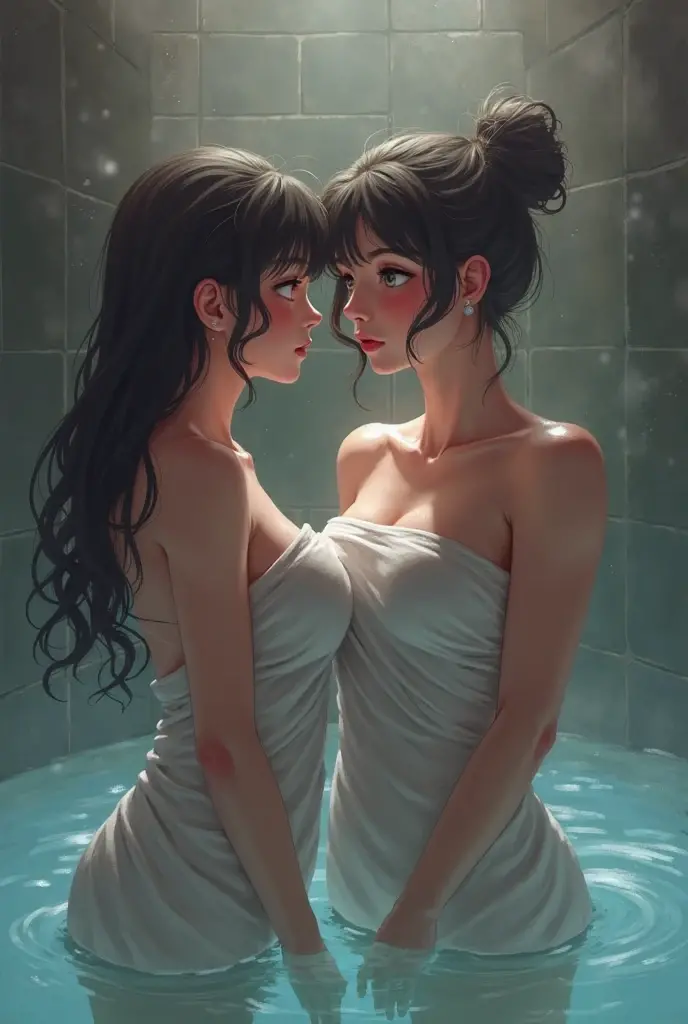 Two women aggressively making out under the shower