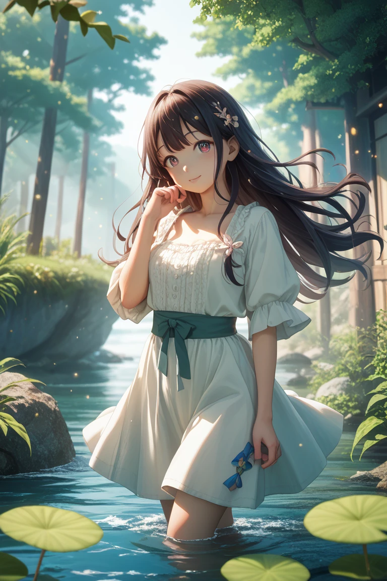 (((masterpiece))),(((highest quality))),(((very detailed))),Mysterious, Bright colors, shiny , (very long hair that reaches down to the calves:1.5), (twin tails:1.5), (beautiful little brown black hair:1.5), (definition hair:1.3), (detailed eyes:1.3), A slightly embarrassed look, blush, (The whole body is wet with sticky water), ((short stature)), (small body), (thin udder), (little butt), wet hair clinging to body, whiter skin color than Asians