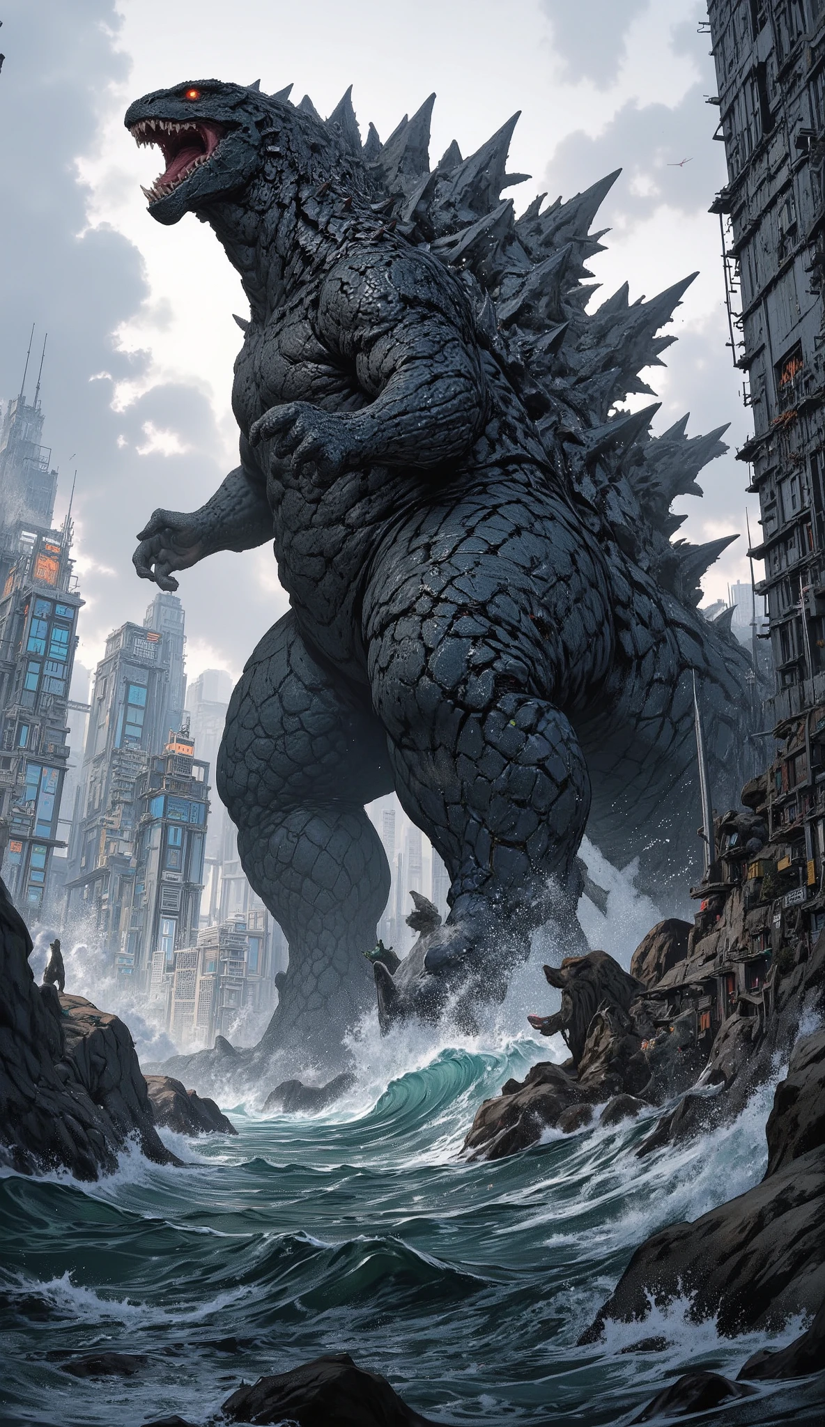  , VS godzilla , Fullbody shot , Wear  wonderwoman, So .