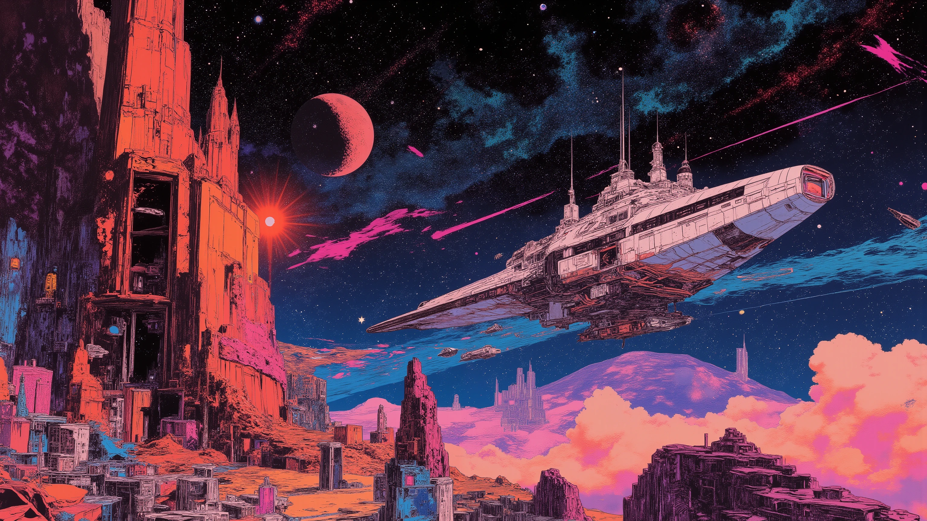 Space colonies flying over planets with universes in the background, 1980s retro sci-fi art, Interesting and colorful universe, Shining shooter star, in style by Josan Gonzales, Colorful Ink Flow in the Universe, oleh Peter Elson, in color scheme peter elson, seni roger dean, in style by team white art.
gaya buku komik, Architecture Style SyD MeAD
