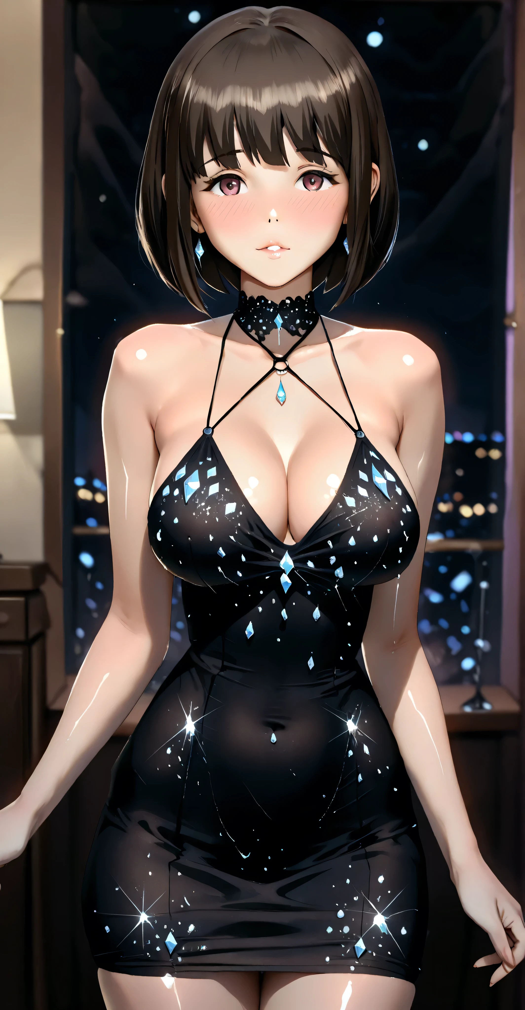 ((UHD. 4k. masterpiece. perfect anatomy. Hyper-detailed.))

A preteen with the body of a mature MILF.   has a round face , Brown bob hair, bangs, She wears a black silk minidress adorned with small scattered shiny crystals,  with a pronounced halter, short sleeve. medium and round breasts, narrow waist, cuckold, beautiful (((alone)))