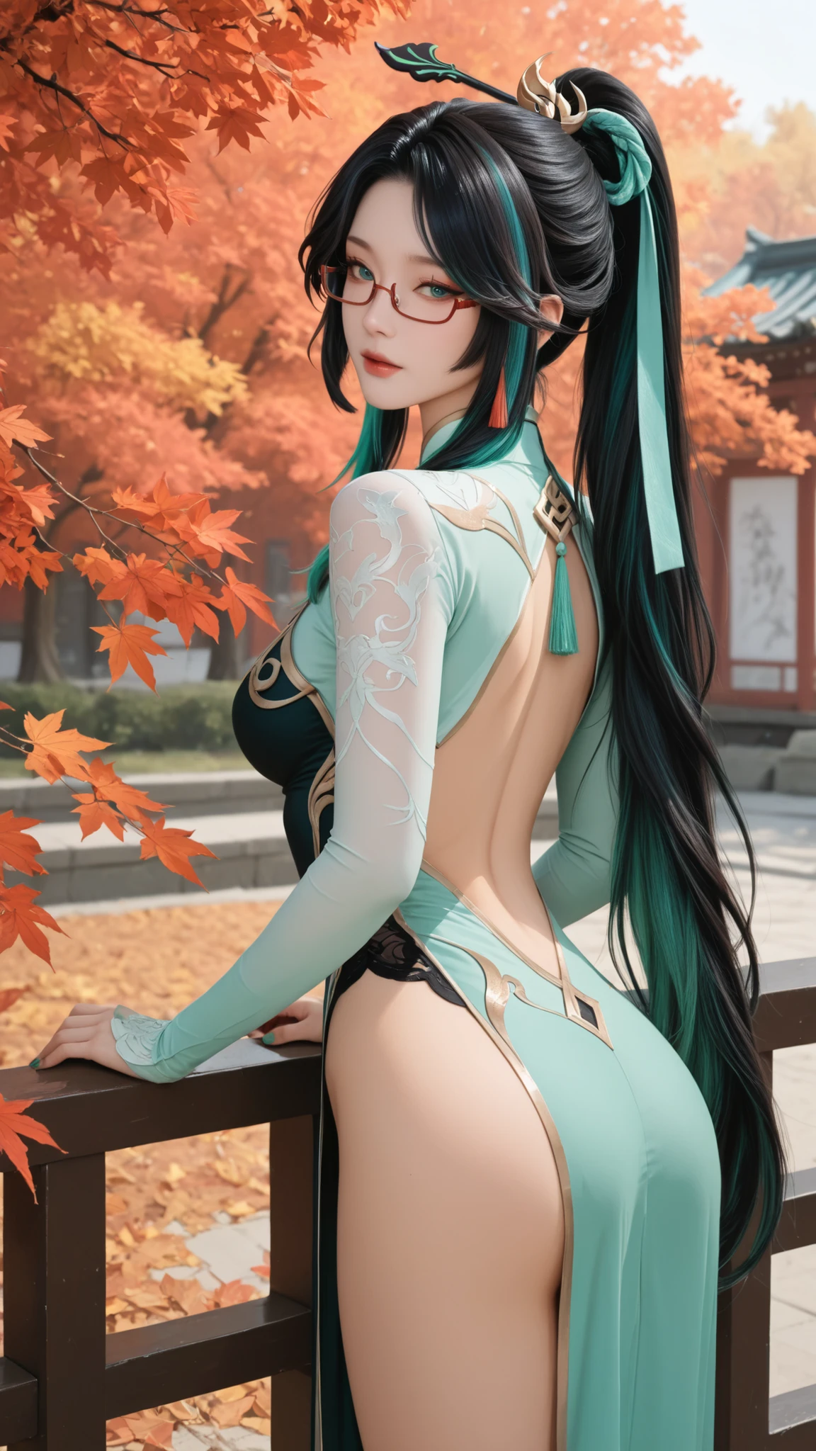 handfixer,Solo,A Mature Female(Xianyun/Genshin Impact),(under-rim eyewear,ponytail,hair ornament,long hair,black hair,multicolored hair)(Very long ponytail),Red Glasses, Green eyes,Green Nails),Wearing A White Sleevelees Cheongsam,Slim body,Outdoors,Chinese Gargen,Autumn,Maples, UHD, SOLO, anatomically correct, masterpiece, textured skin, high details, highres, 1080P, 16k, accurate,Cowboy Shot,(From back)