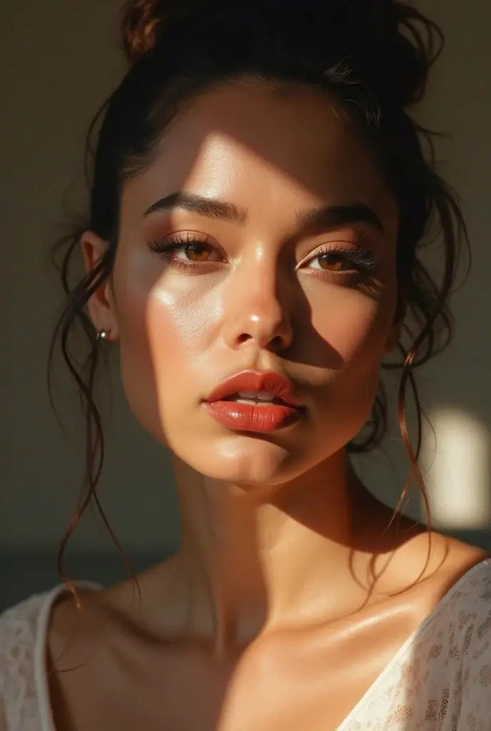 (8k, 4k, Best Quality, high resolution, ultra high resolution:1.1), (Masterpiece, realist, photo-realist:1.1), 1 girl,  face, close up, two tails, by rubio, black eyes, Red lips,  (looking at the viewer:2), absurdly long fur, long eyelashes, shadow,  small face, large eyes,  shoulders, High contrast,