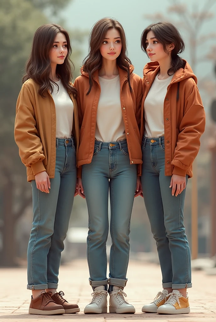 masterpiece, 8K, realistic, highly detailed, highres, best quality, detailed face, (3girls), 20 years old, blue jeans pants, full body, blush, worried, shivering, park, (((((( stain))))))