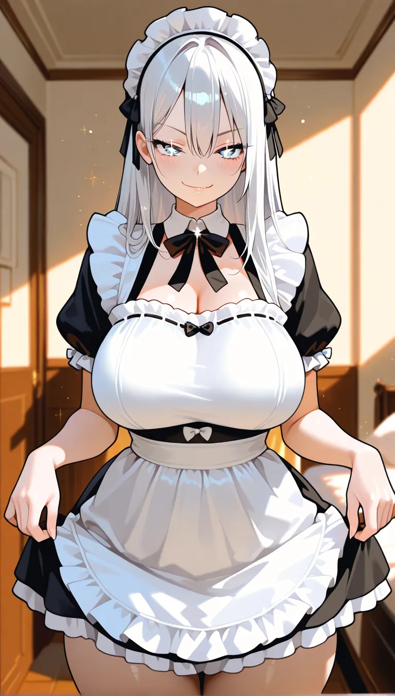masterpiece, best quality, very aesthetic, high resolution, ultra-detailed, absurdres, newest, mature female, full body, 
<lora:Artemis_Illu_Dwnsty:0.7>, artemis_def, blue eyes, white hair, hair between eyes, long hair, maid headdress, maid, maid apron, black dress, cleavage, detached collar, white gloves, elbow gloves, skirt, frilled dress, white thighhighs, 
medium breasts, (lips), (full-face blush:1.4), (body blush:1.2),  extremely detailed eyes, light smile, own hands together, apologizing, leaning forward, 
highly detailed background, indoors, living room, carpet, window, day,